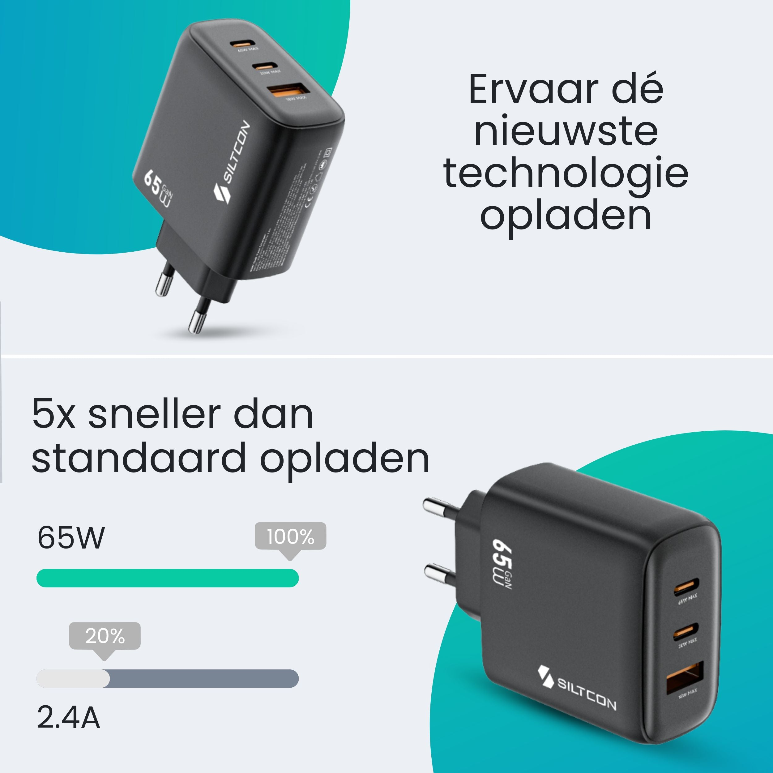 Een zwarte 65W GaN lader met drie USB-poorten en laadindicatoren.
