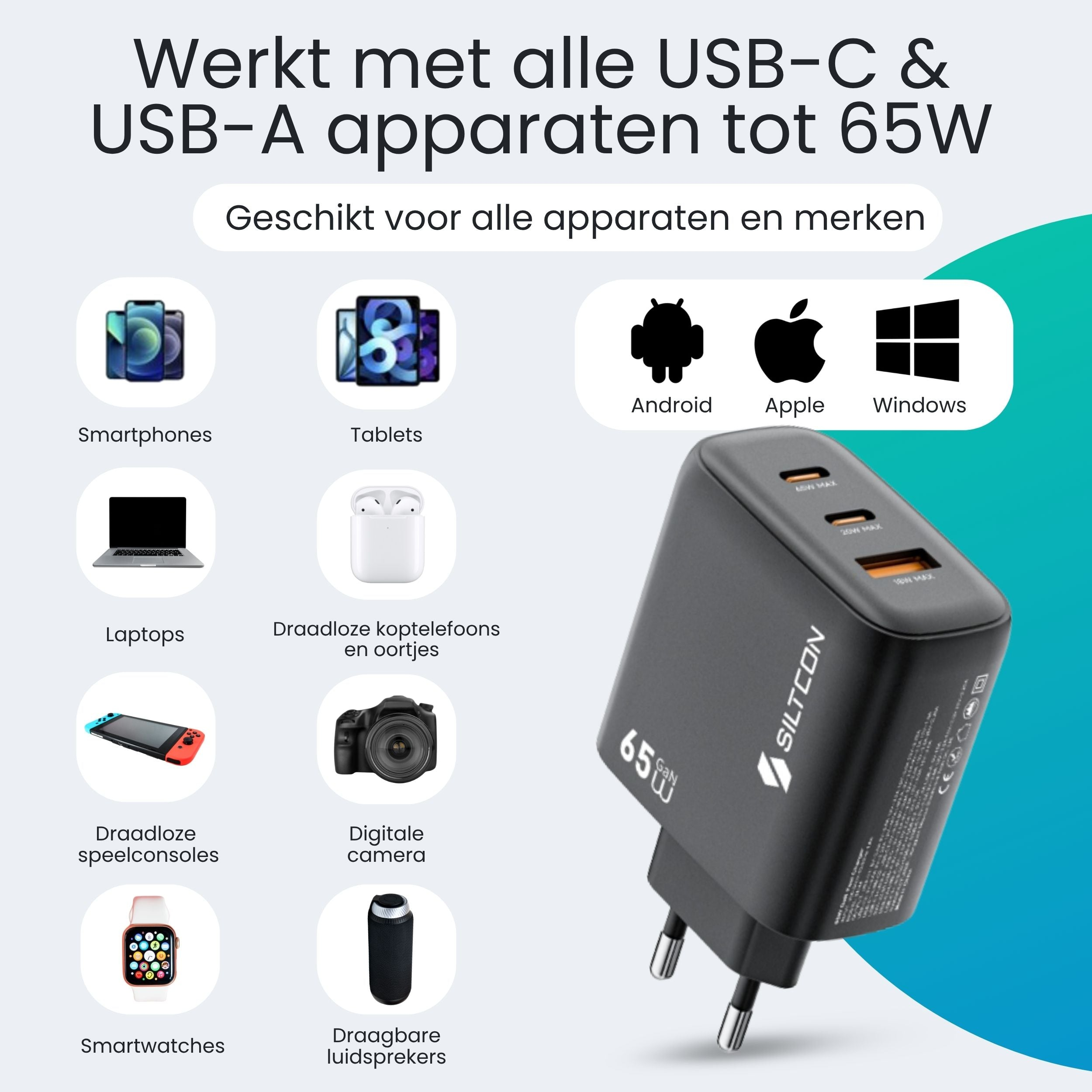 Een grijze USB-C oplader met 2 poorten, compatibel met veel apparaten.