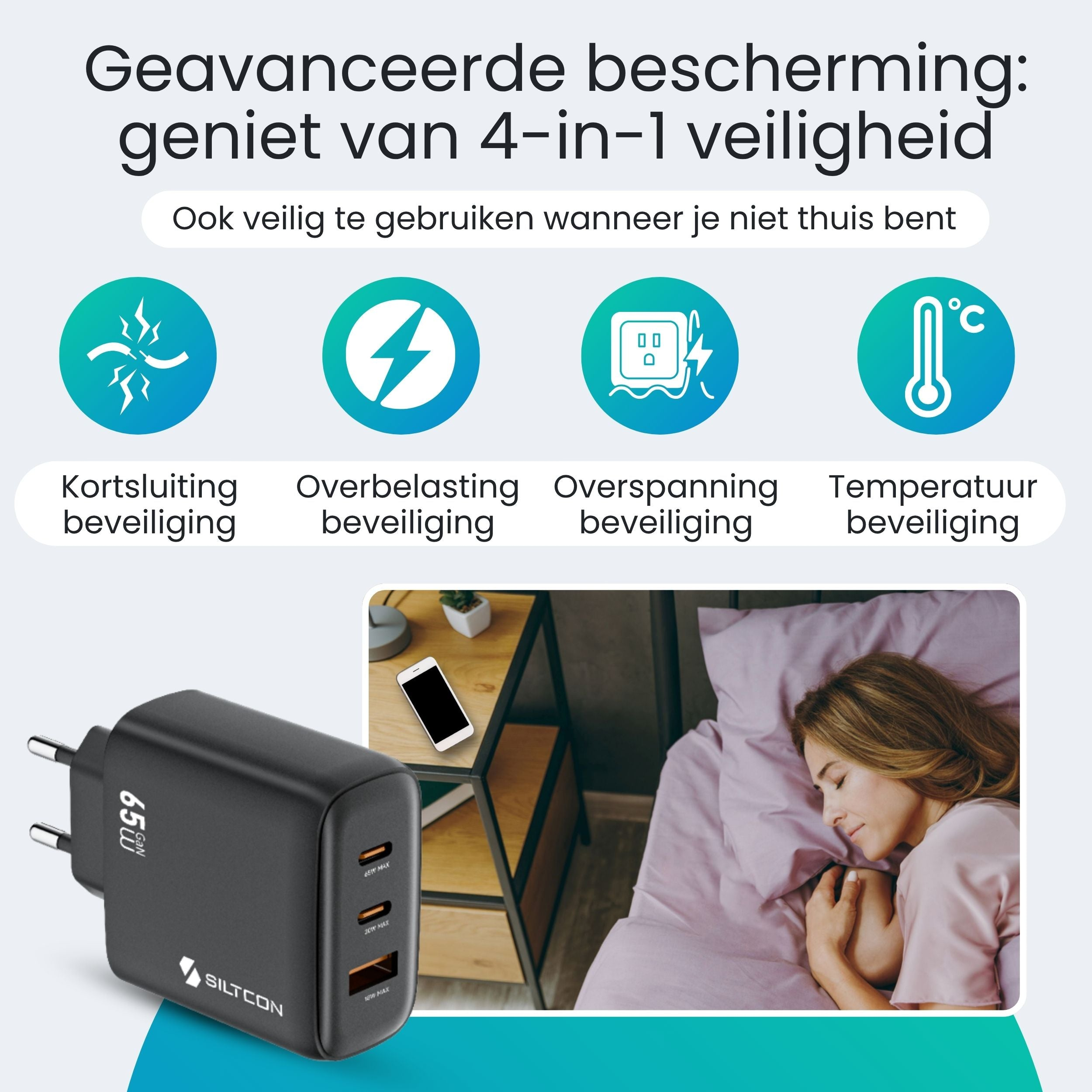 Een zwarte lader met 4-in-1 beveiligingspictogrammen en een slapende vrouw.