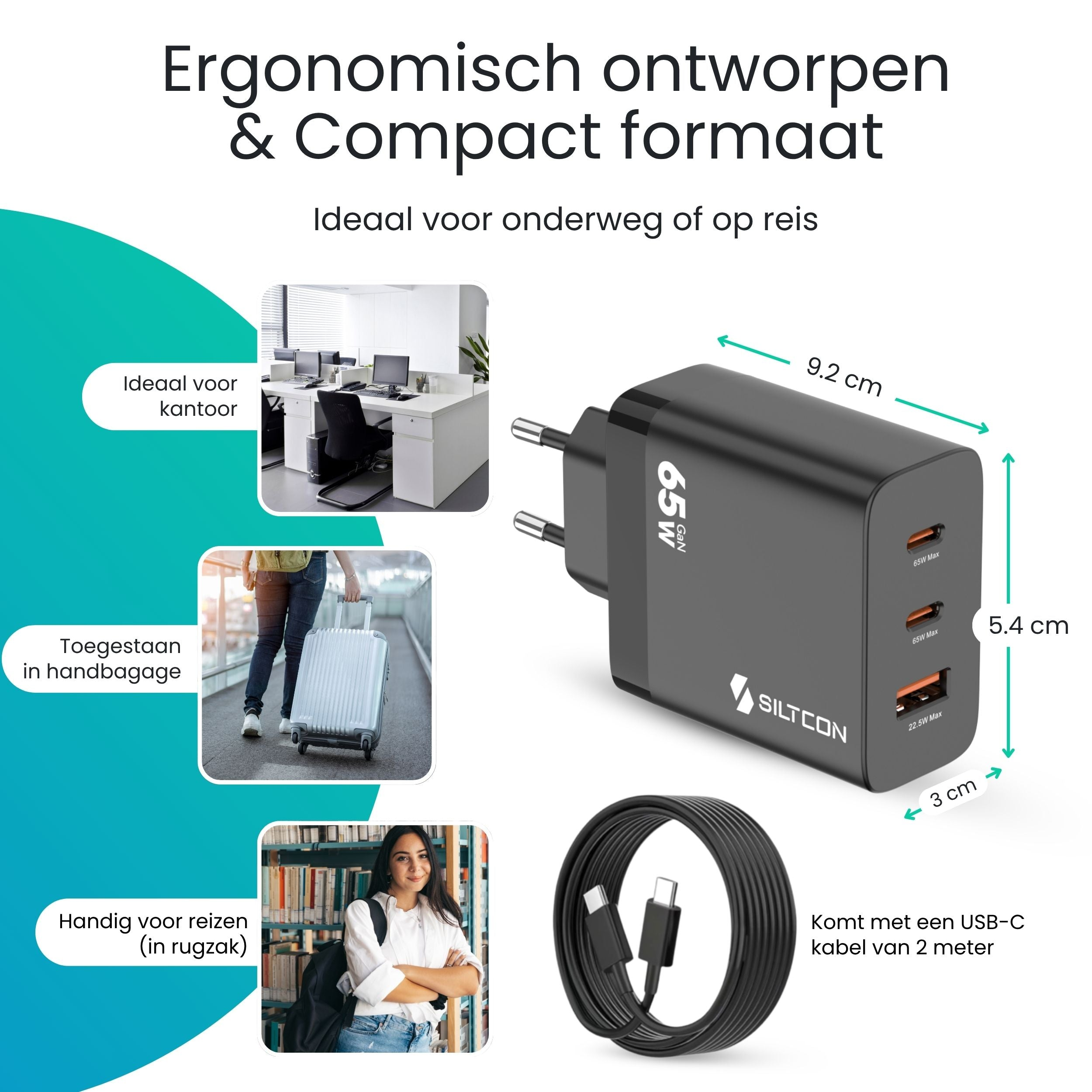 Zwarte 65W GaN lader met drie USB-C poorten, afmetingen 9,2x5,4x3cm.