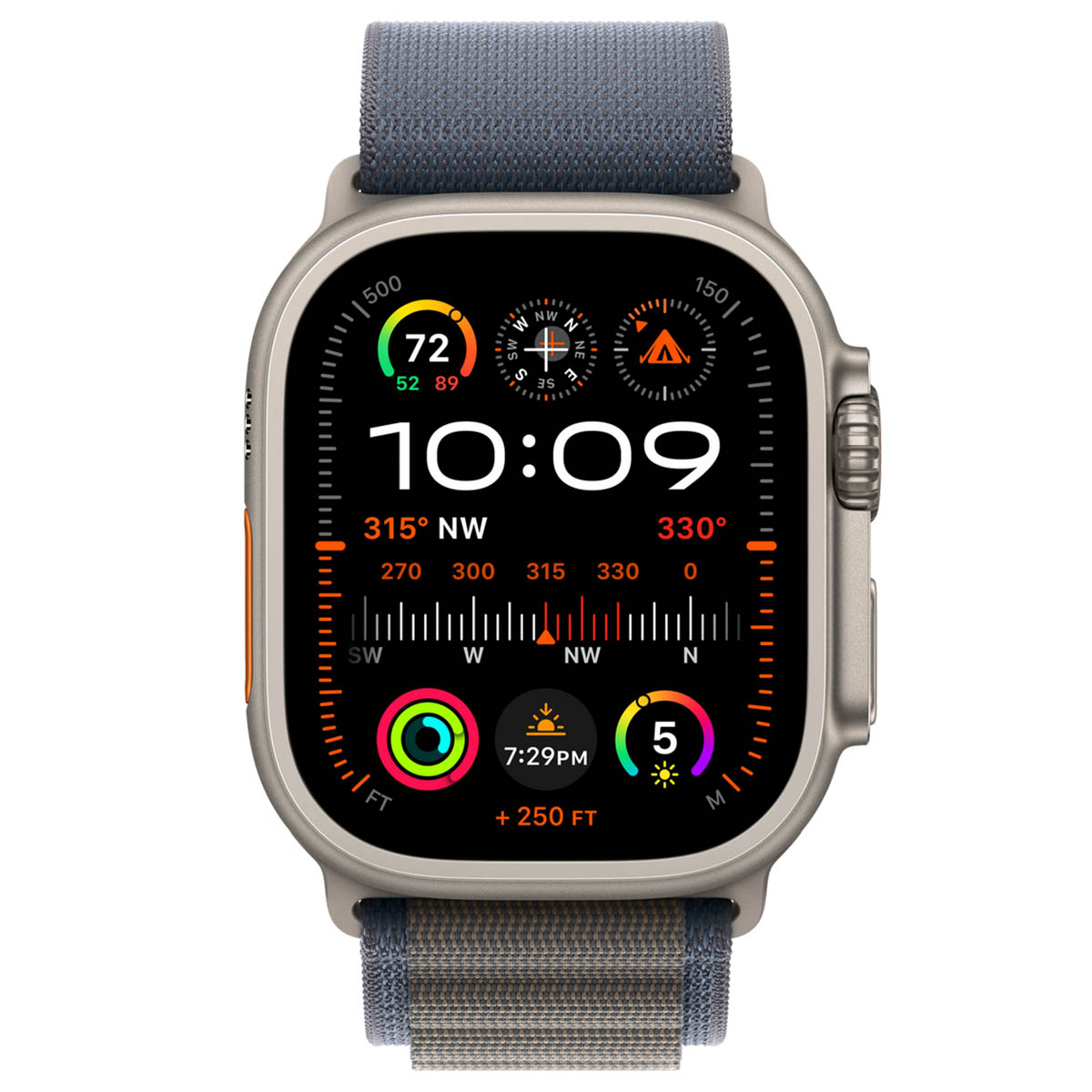 Uno smartwatch mostra le 10:09, bussola e dati di altitudine sul suo schermo.