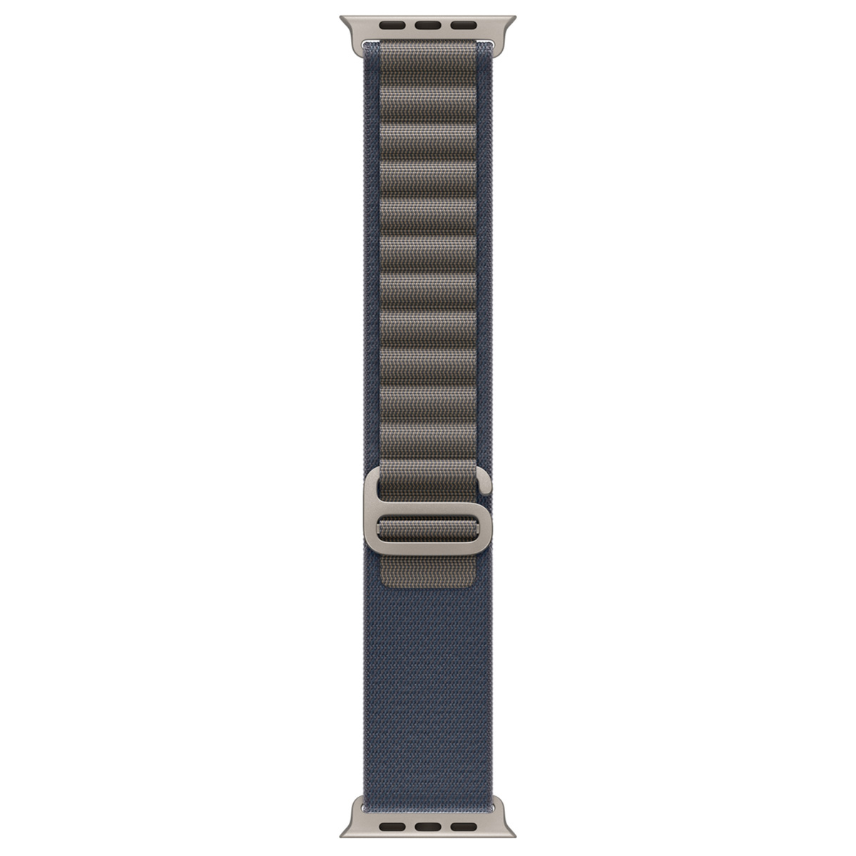 Un cinturino Apple Watch argentato con cinturino in tessuto blu e chiusura ad anello grigio.