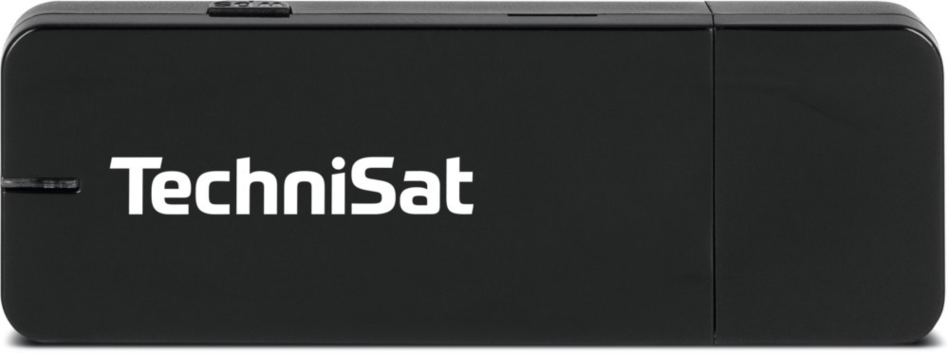 Un dongle TechniSat nero giace su uno sfondo bianco.