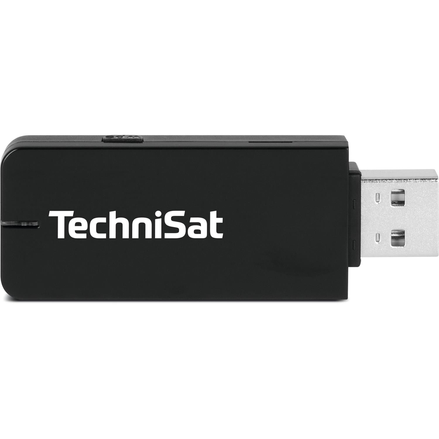 Una chiavetta USB TechniSat nera con connettore argentato.