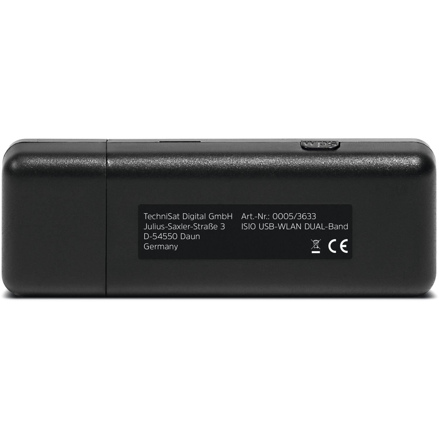 Dispositivo TechniSat ISIO USB-WLAN DUAL-Band nero con pulsante WPS e marchio CE.