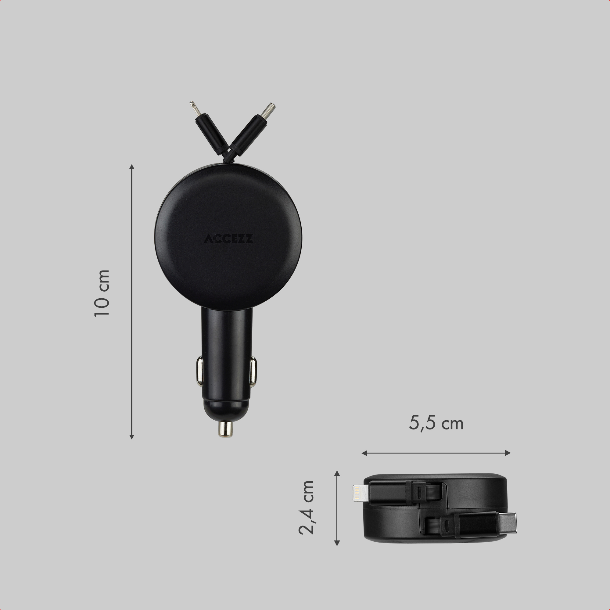 Un caricabatterie per auto nero con cavi retrattili e connettori USB-C/Lightning.