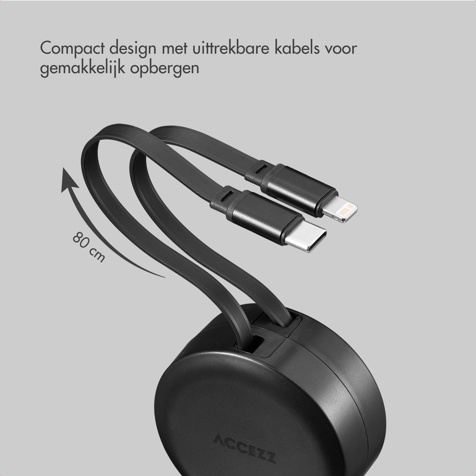 Un cavo retrattile nero con connettori USB-C e Lightning. Lunghezza 80 cm.