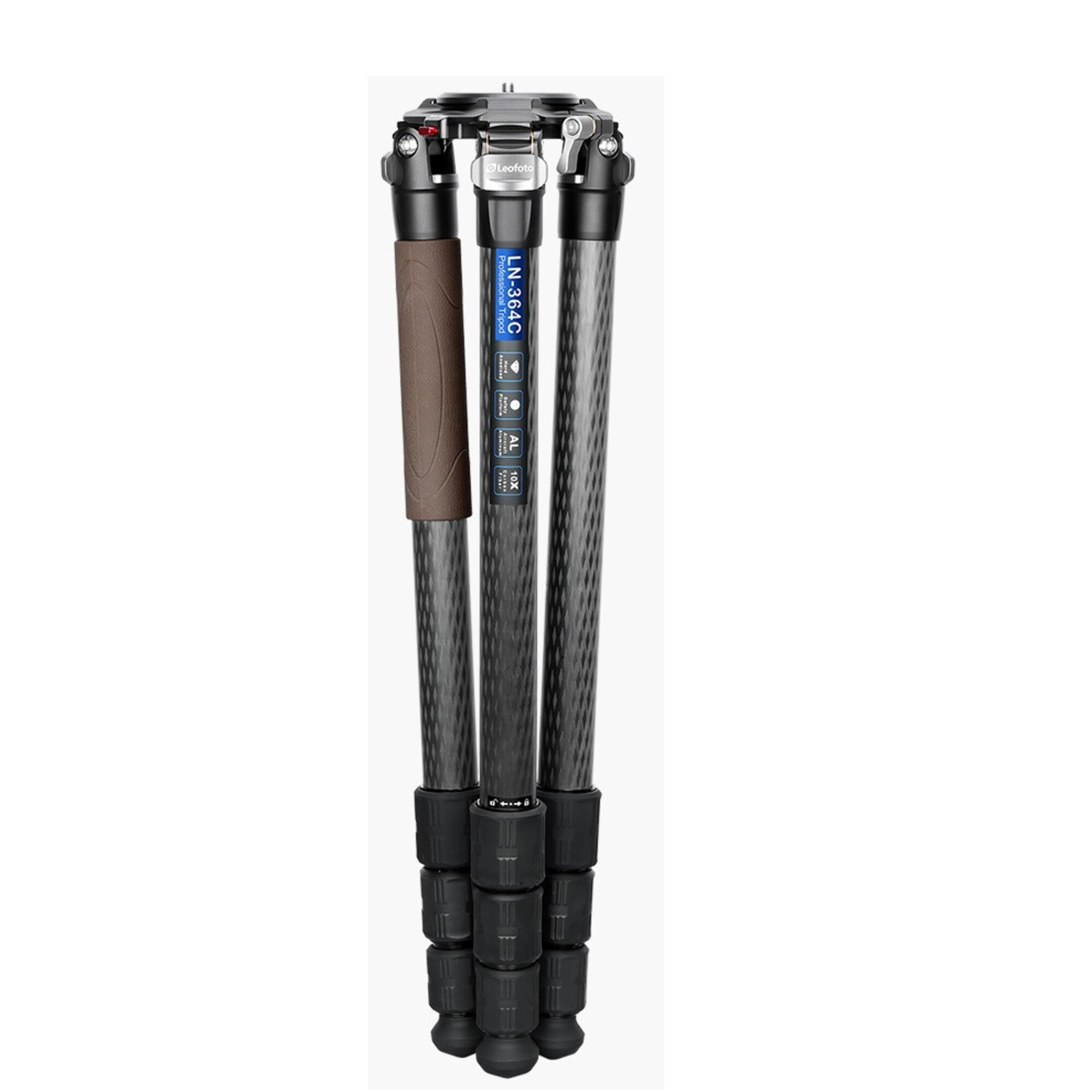 Ein Leofoto LN-364C professionelles Stativ mit Carbonfaserbeinen und braunem Griff.