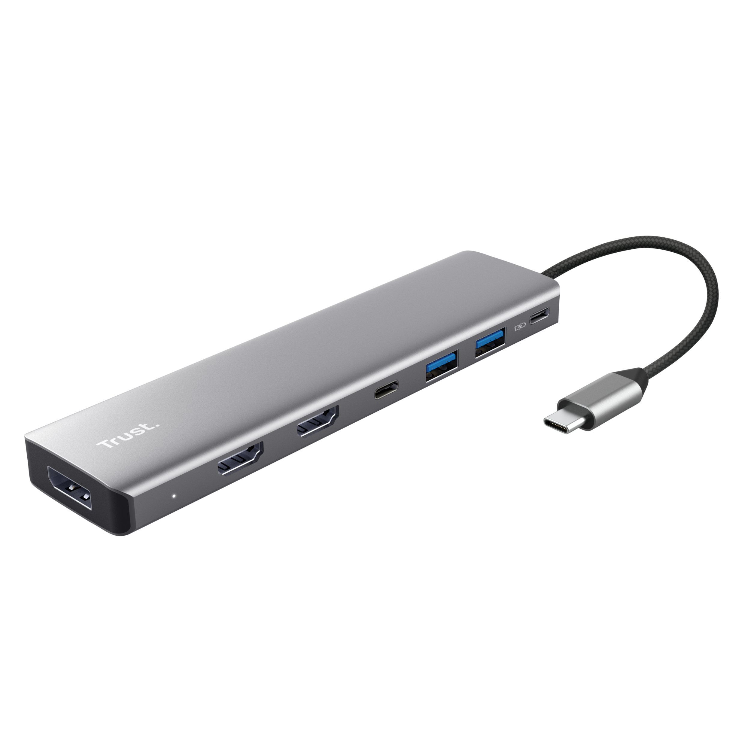 Hub USB-C argentato con porte HDMI, USB-A e USB-C.