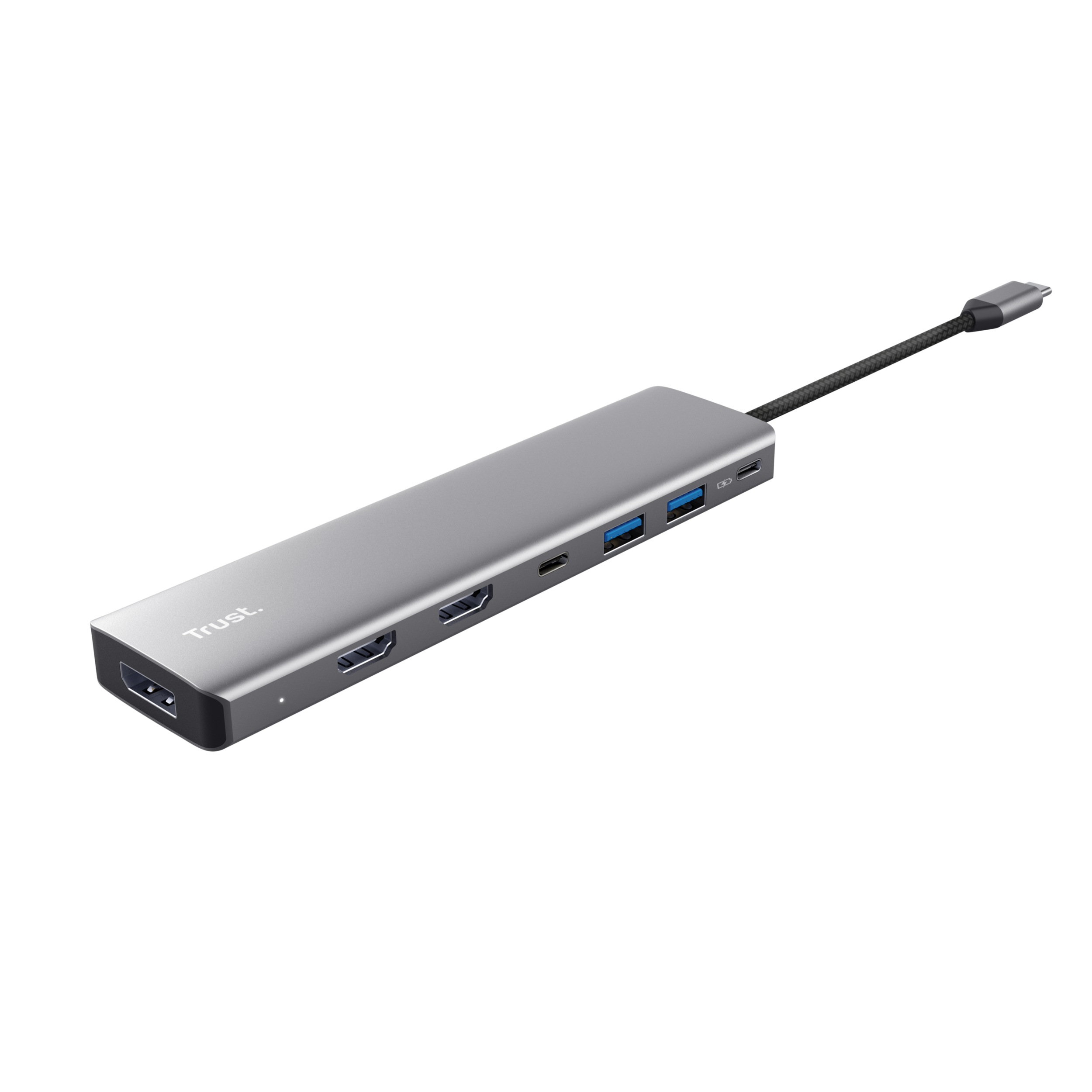 Hub USB-C argentato con porte HDMI, USB-A e cavo intrecciato.