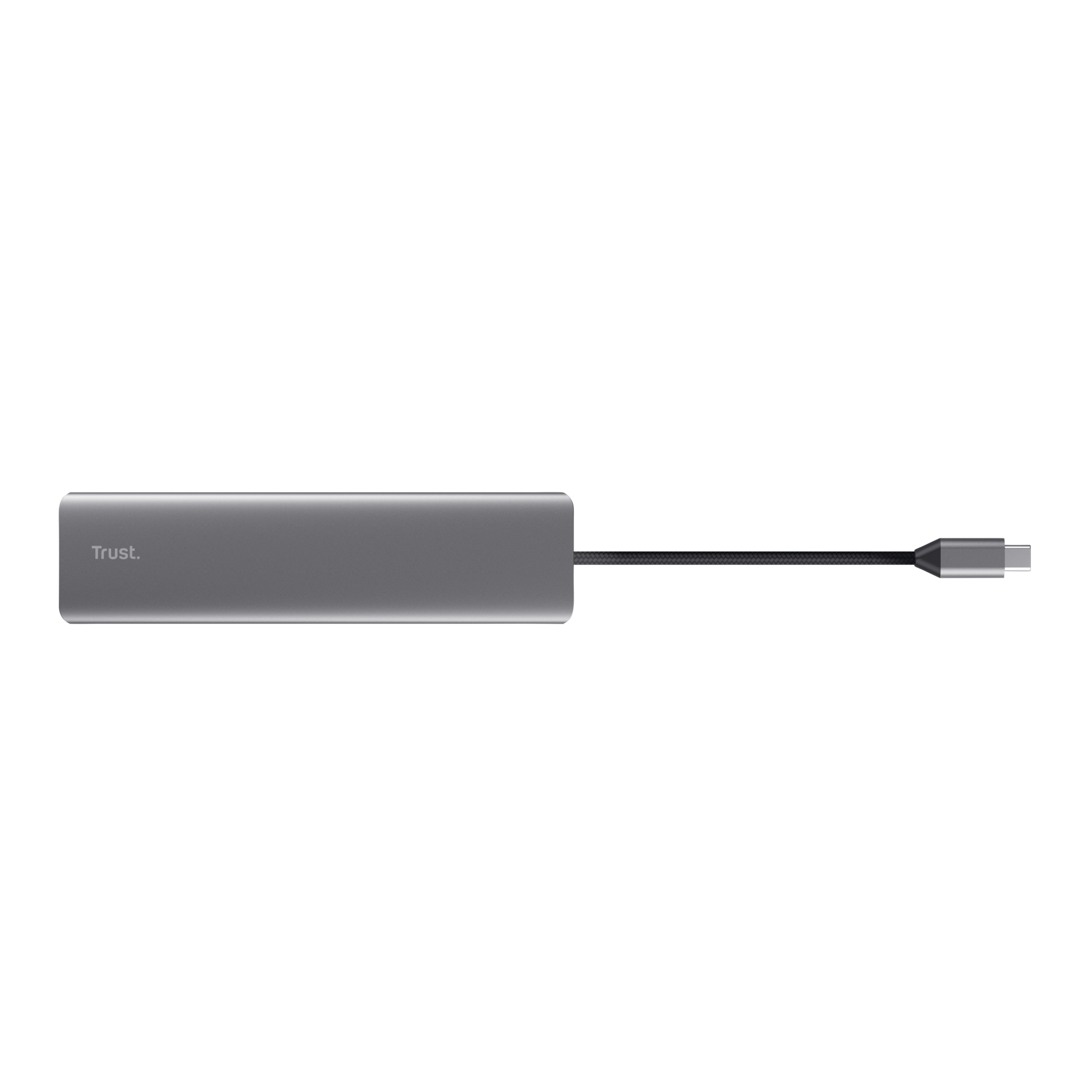 Un hub USB-C grigio marca Trust con cavo nero e connettore argentato.