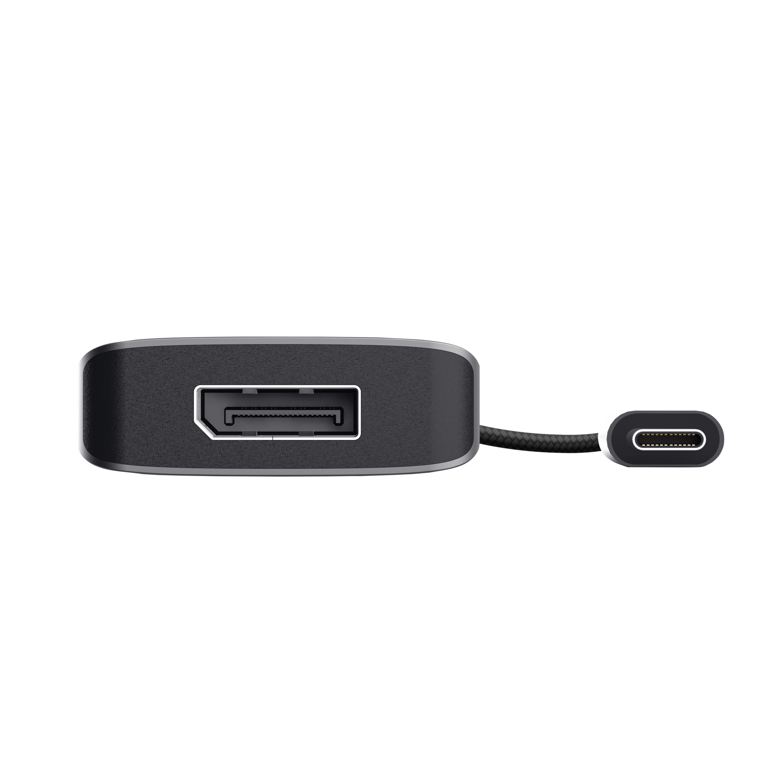 Un adattatore nero con porte DisplayPort e USB-C su sfondo nero.