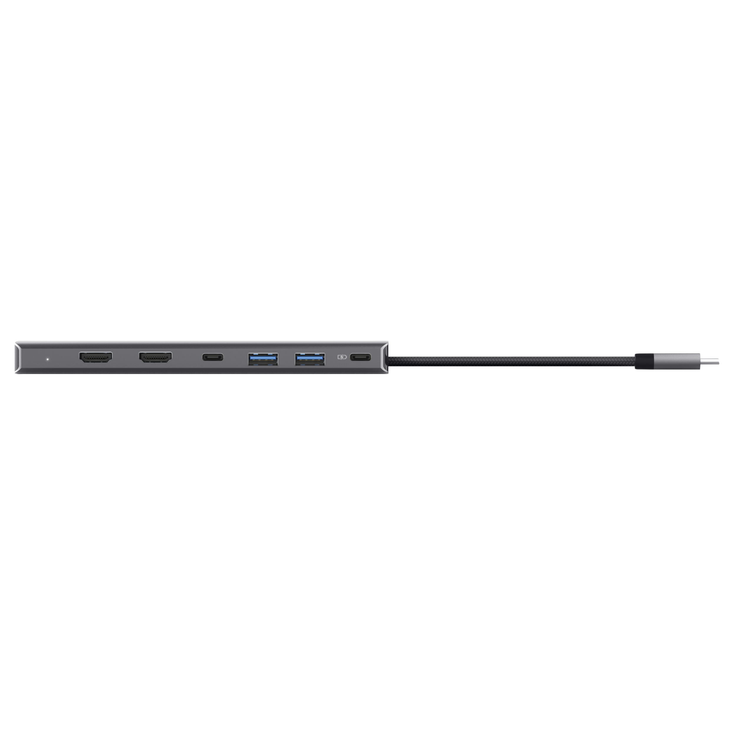 Hub USB-C grigio con HDMI, porte USB-A e cavo collegato.
