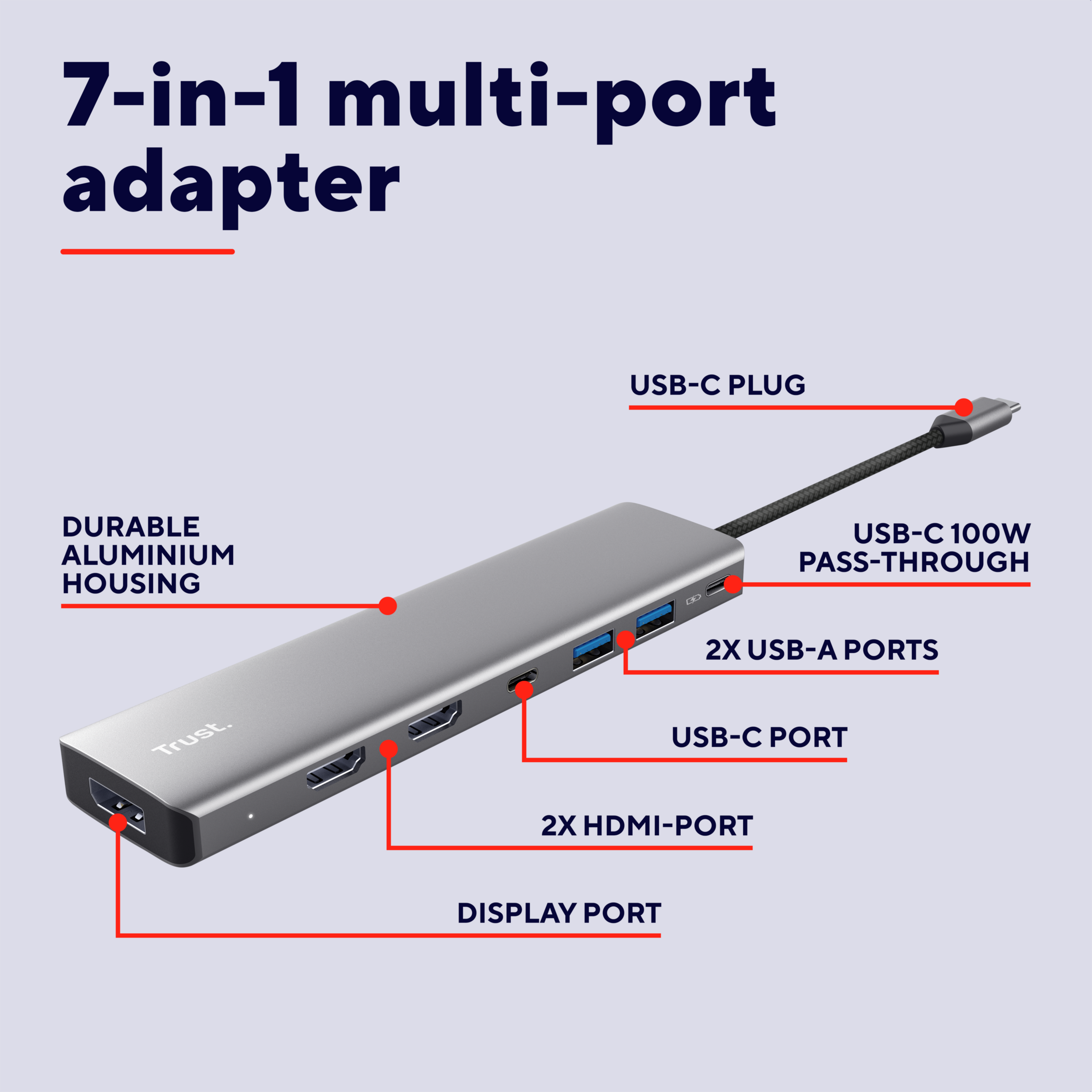 Adattatore multi-porta argentato 7-in-1 con USB-C, HDMI e DisplayPort.