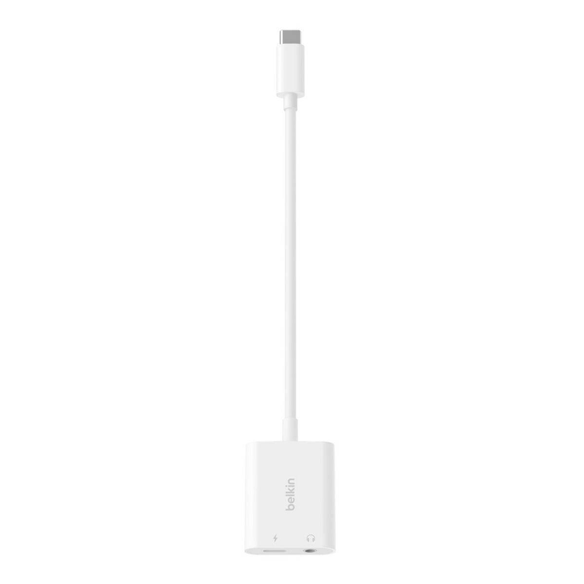 Adattatore USB-C Belkin bianco con porte per ricarica e cuffie.