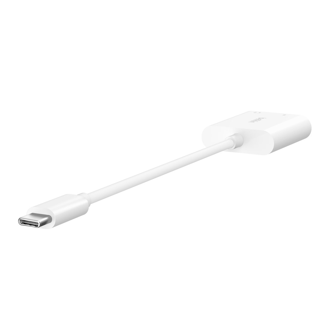 Adattatore USB-C a HDMI bianco con cavo e connettore.