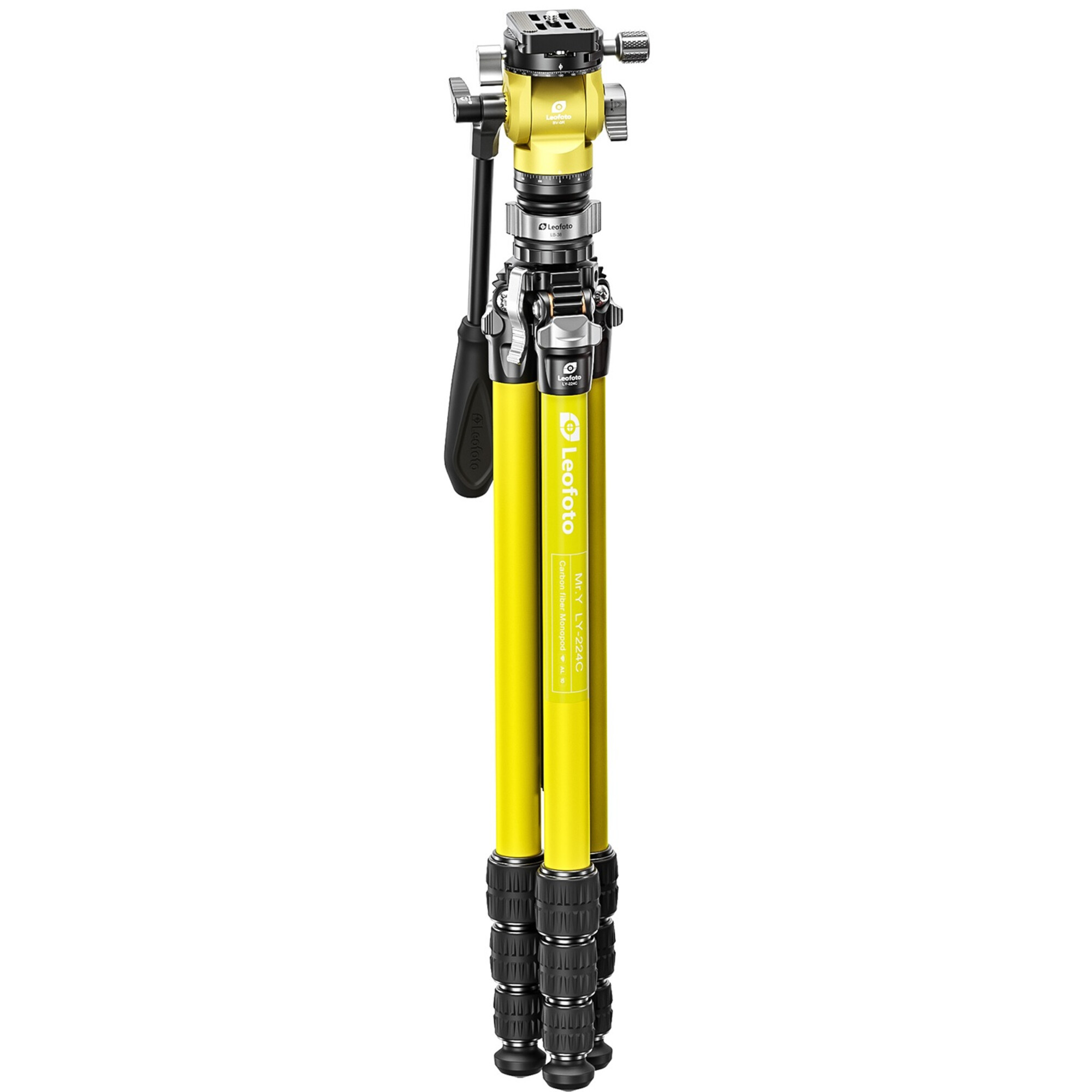 Ein gelber Leofoto Carbonfaser-Einbeinstativ mit schwarzer Gummigriff.