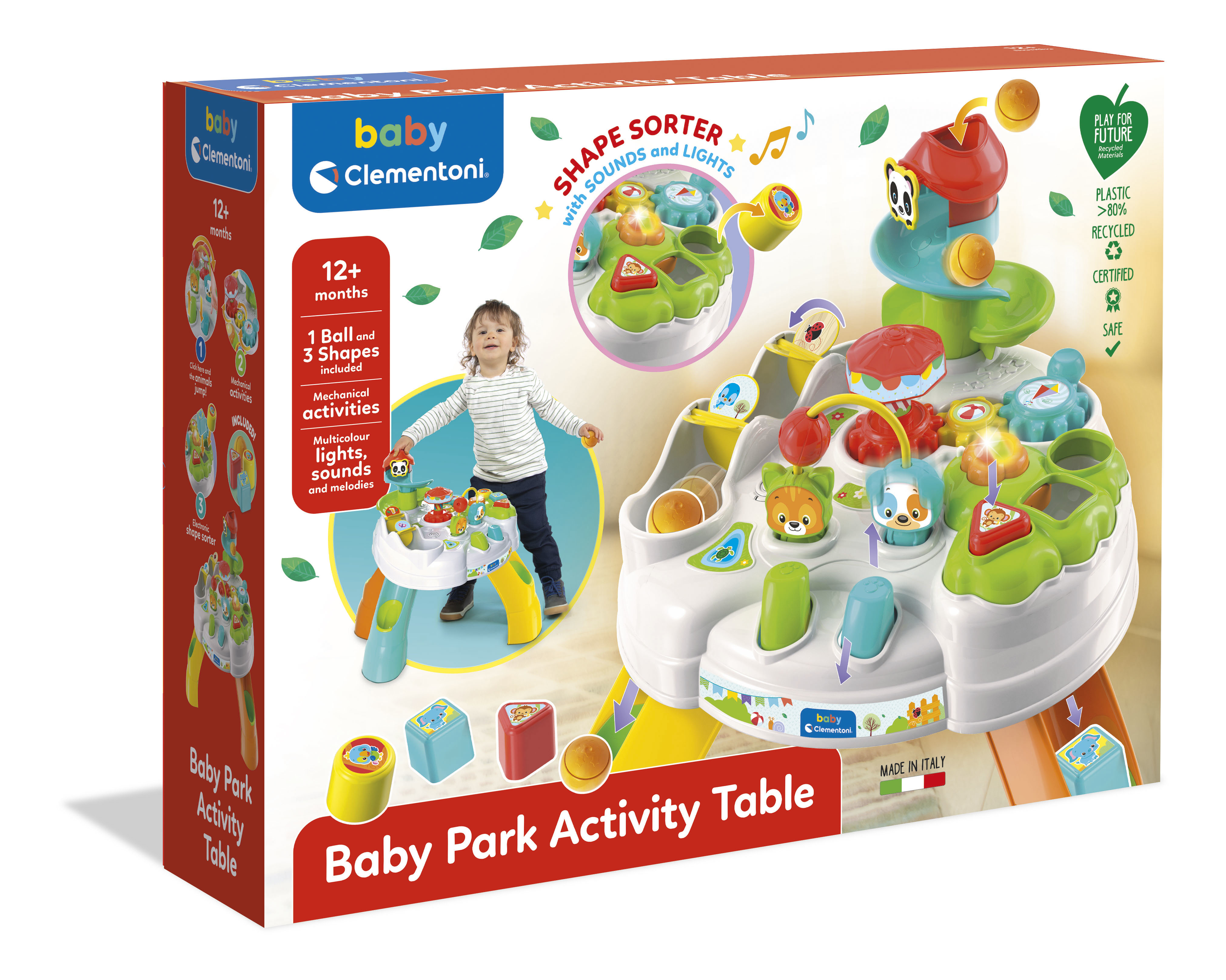 Baby Clementoni aktivite masası, çocuk, renkli şekiller, toplar, sesler ve ışıklar içerir.