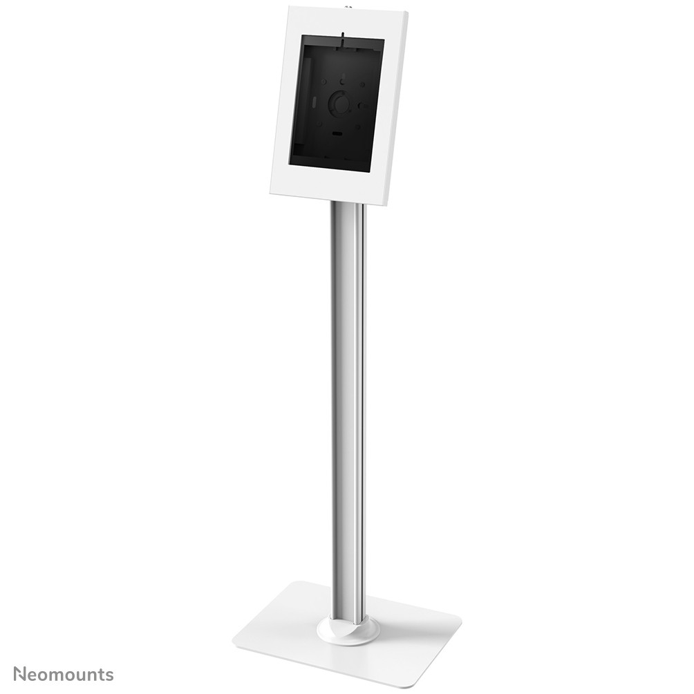Un support de tablette blanc avec un poteau argenté et une base carrée.