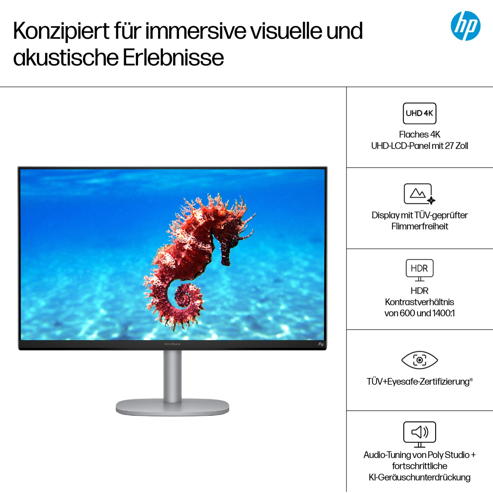 Moniteur HP affichant un hippocampe rouge sur fond bleu océan. Caractéristiques : UHD 4K, HDR.