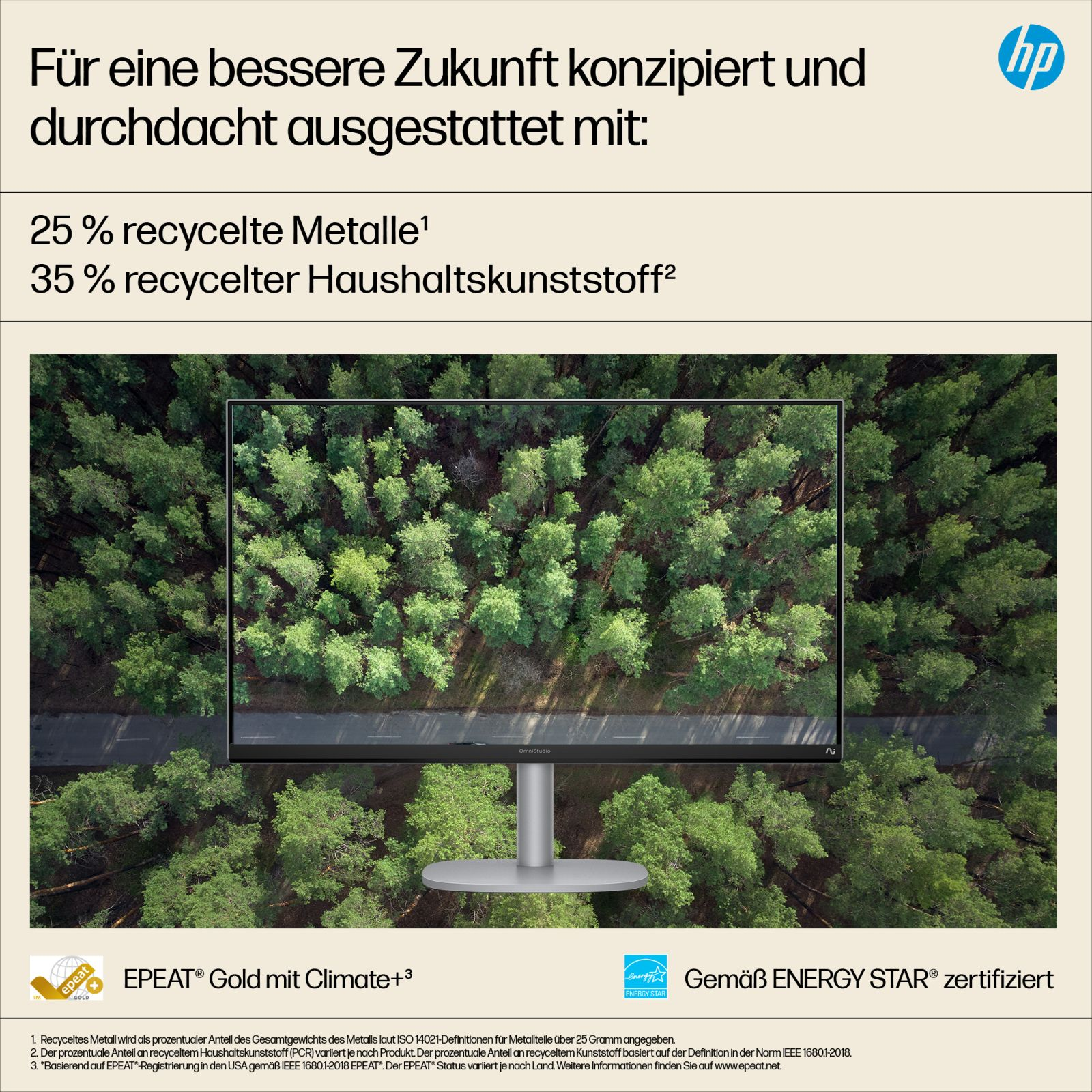 Moniteur HP affichant une forêt vue d'en haut. Texte mentionne matériaux recyclés.