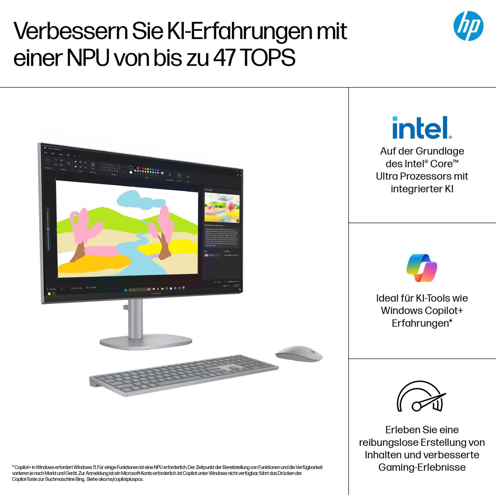 Ordinateur HP avec processeur Intel, affichant des fonctionnalités IA et un programme de dessin.