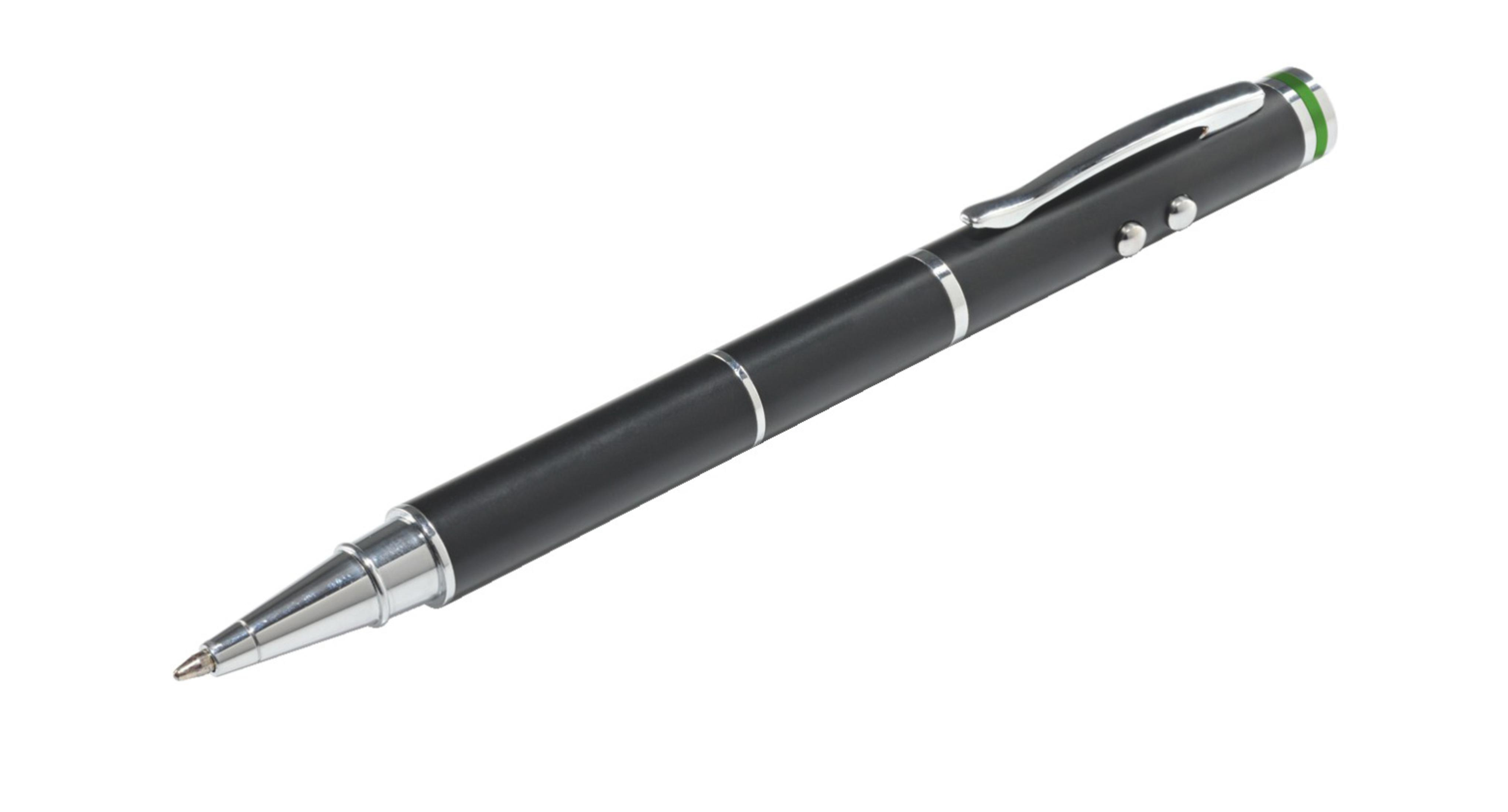 Una penna multifunzione nera con accenti argentati e clip.