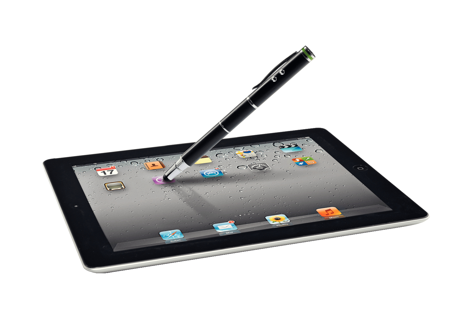 Uno stilo nero tocca lo schermo di un tablet con sfondo a gocce d'acqua.