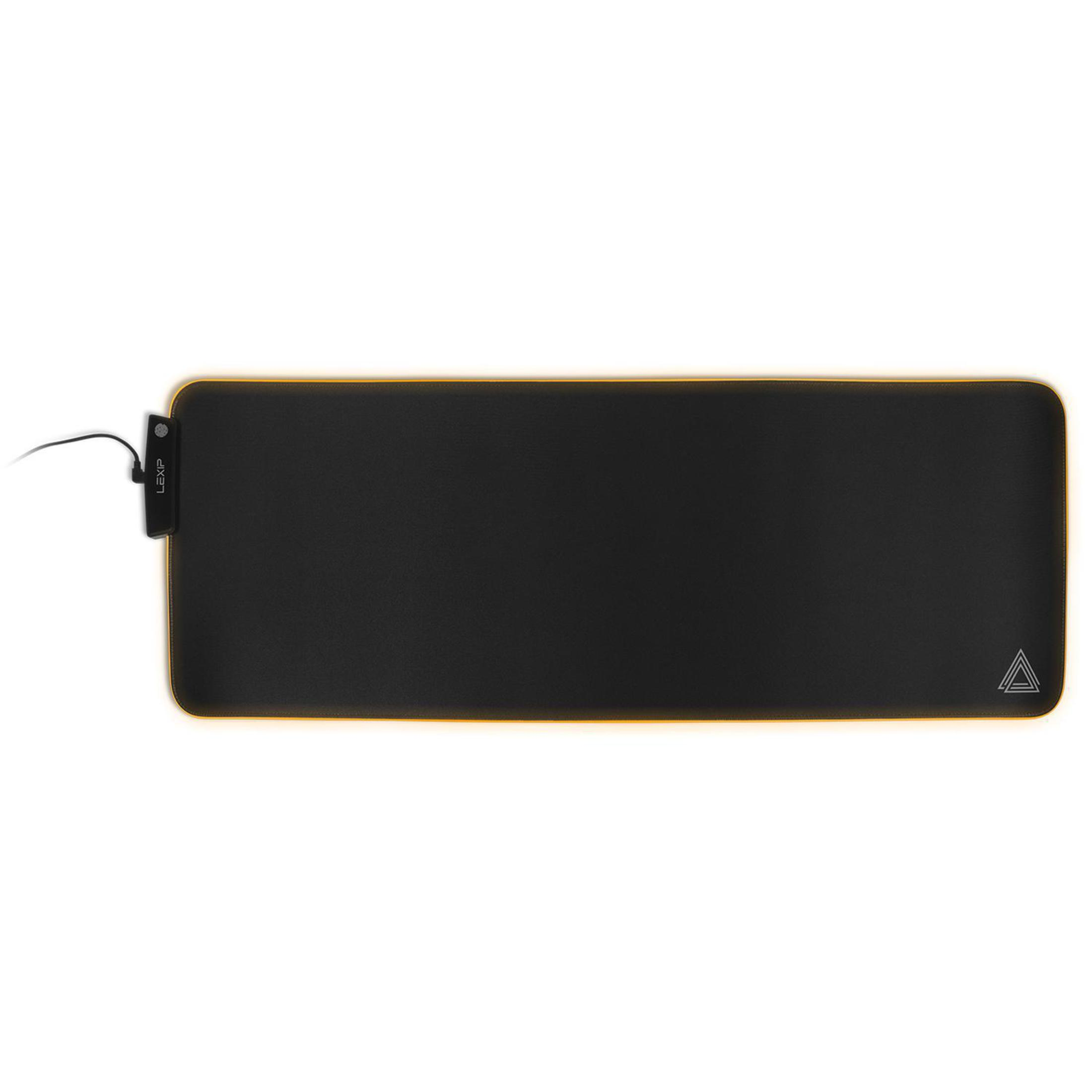Black mousepad with yellow lighting and logo on the left.