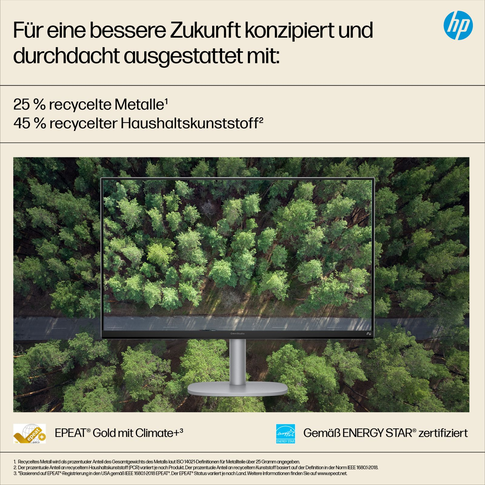 Un monitor mostra una vista aerea di una foresta. Logo HP in alto a destra.