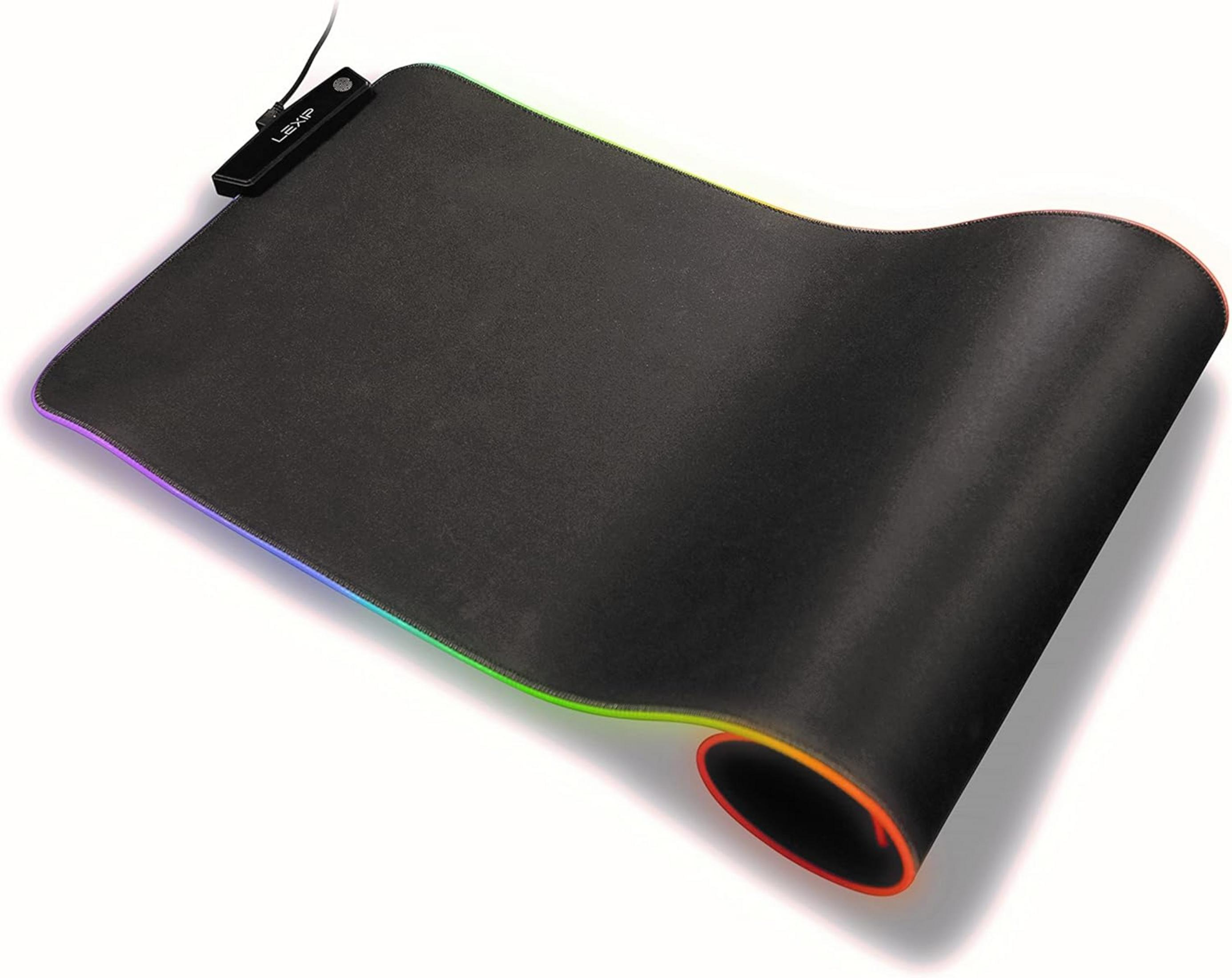 Black gaming mousepad with RGB lighting and LXI logo.