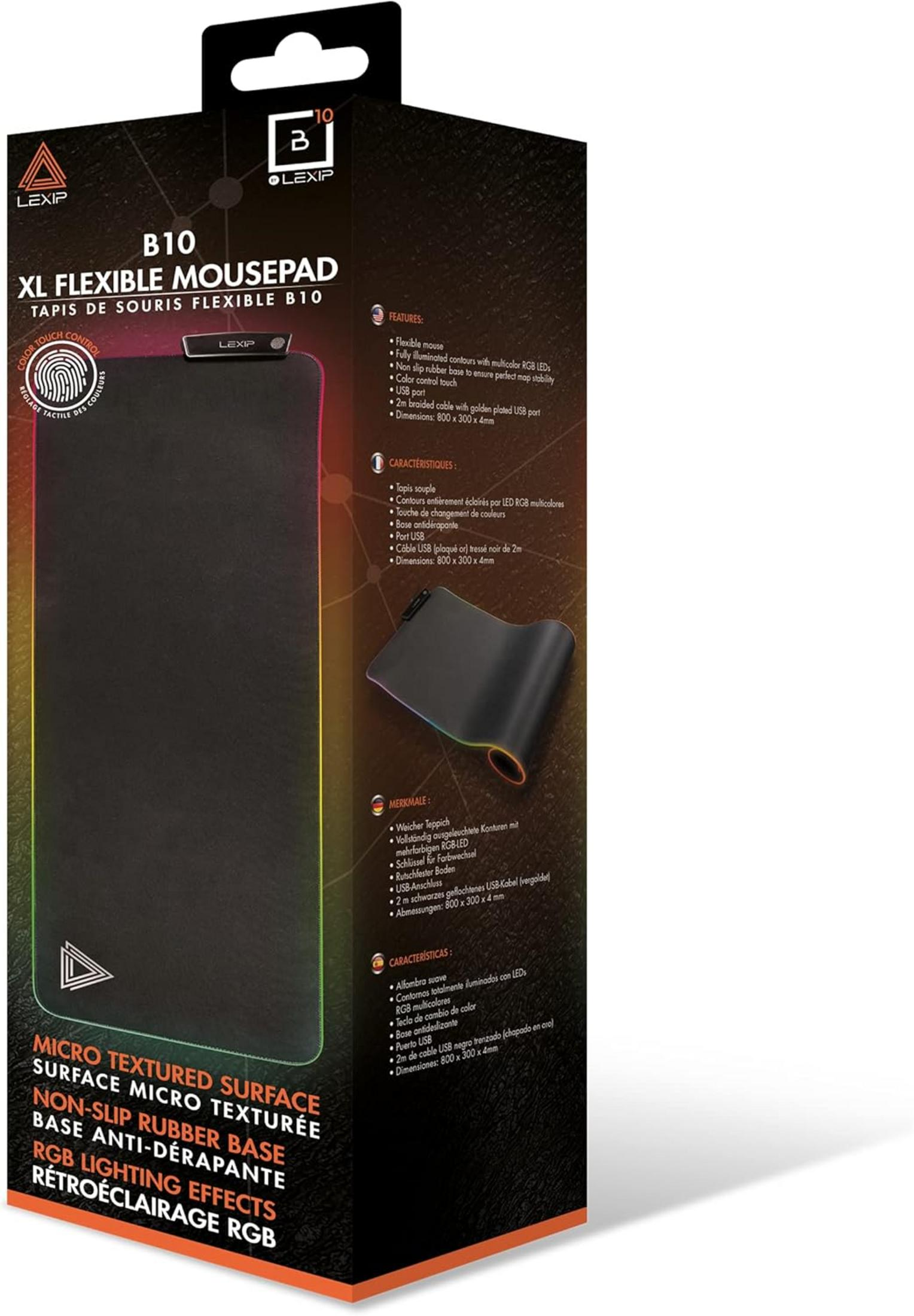 Lexip B10 XL flexible mousepad with RGB lighting, micro-textured surface, and non-slip base.