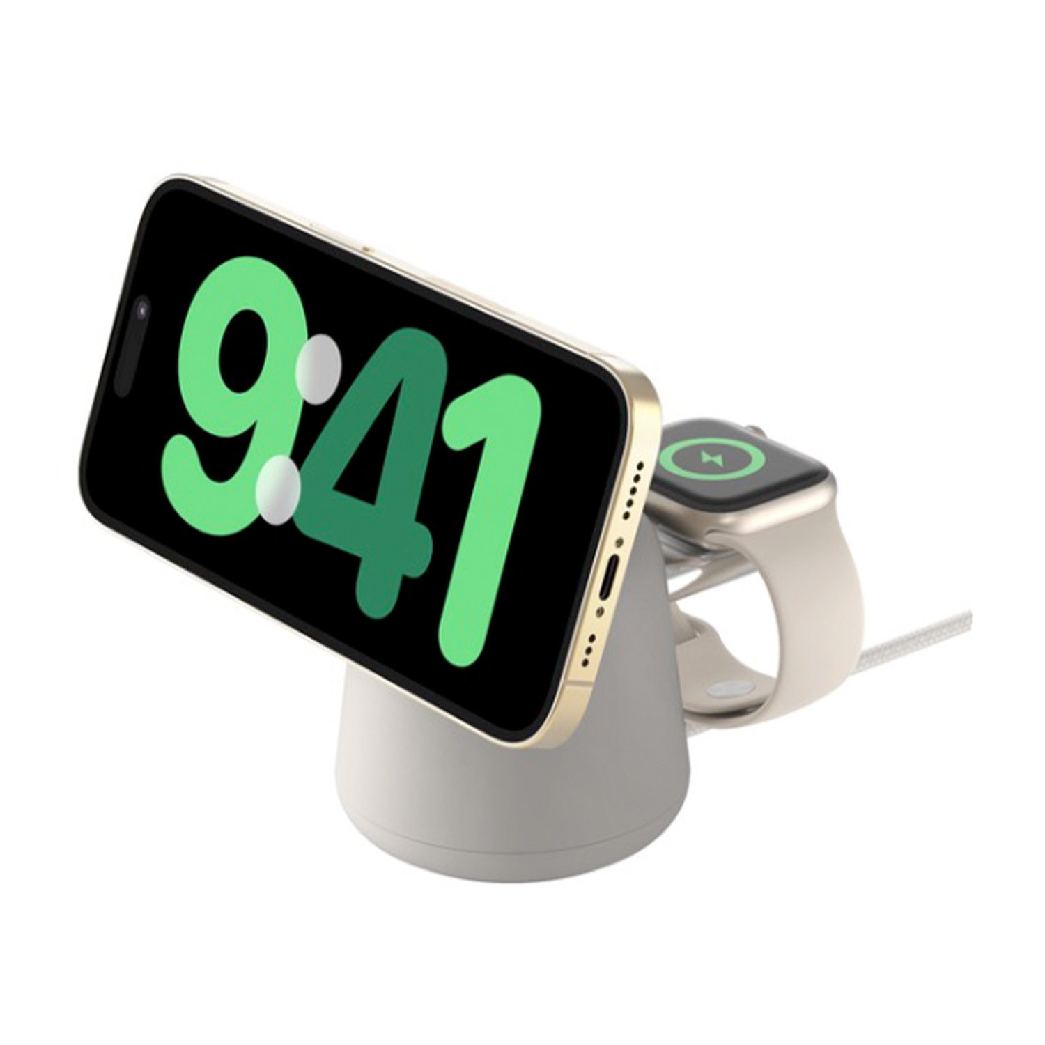 Ein goldenes iPhone und eine Apple Watch laden auf einem weißen Ständer.