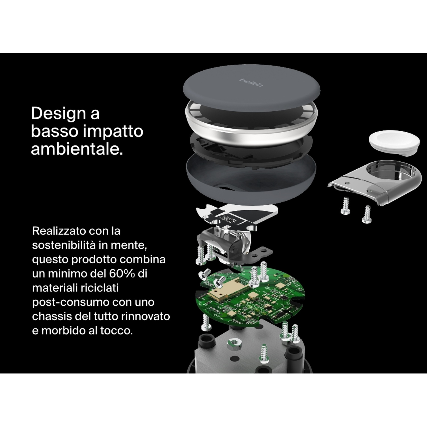 Vista esplosa di un caricatore Belkin, con componenti interni e viti. Testo in italiano.