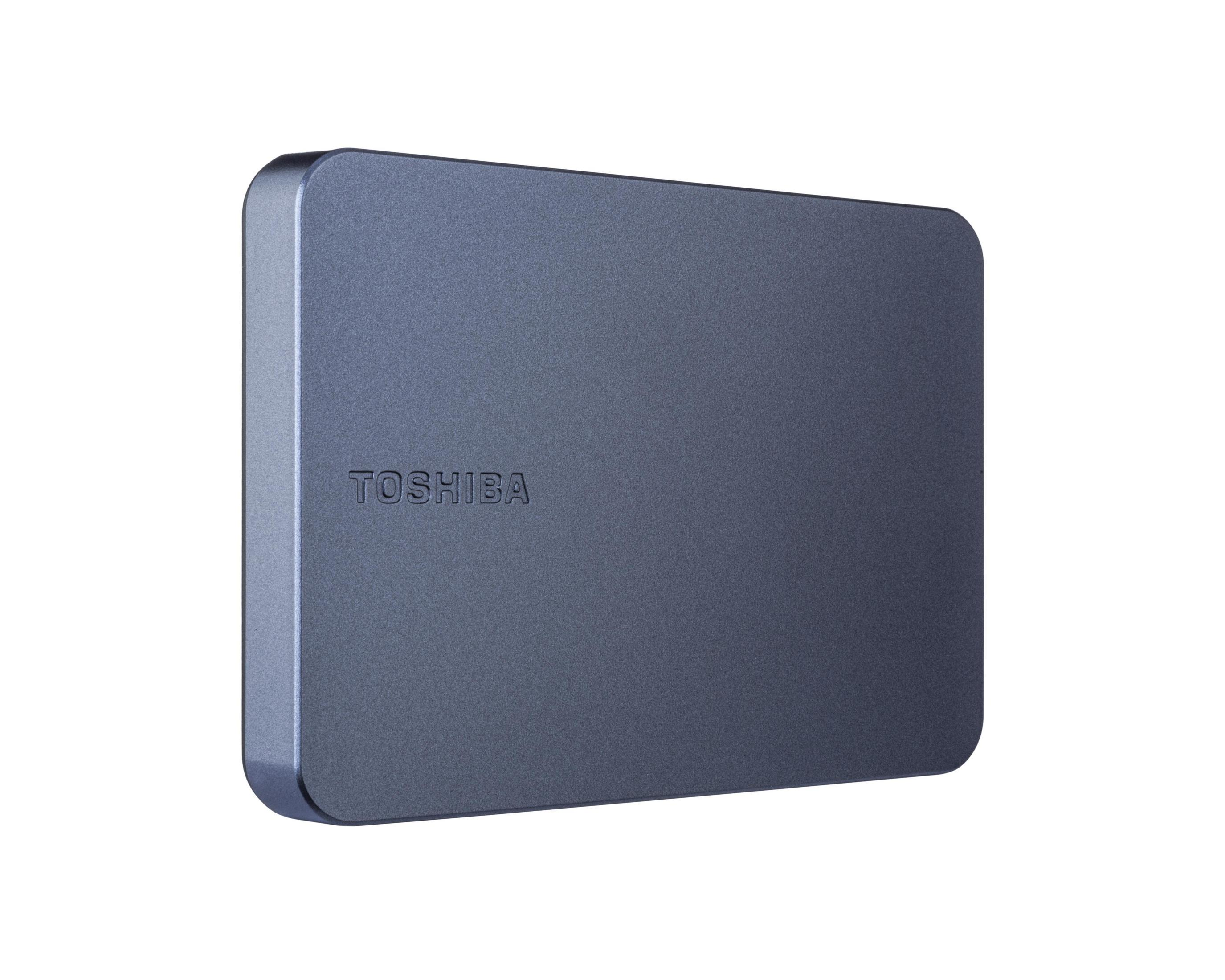 Disque externe Toshiba gris aux coins arrondis sur fond blanc.