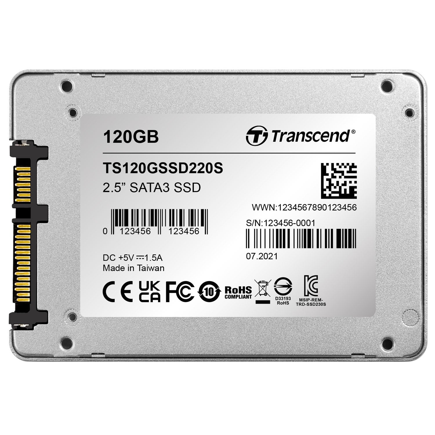 Dysk SSD Transcend 120GB 2,5" SATA3 TS120GSSD220S, Wyprodukowano na Tajwanie, z certyfikatami.
