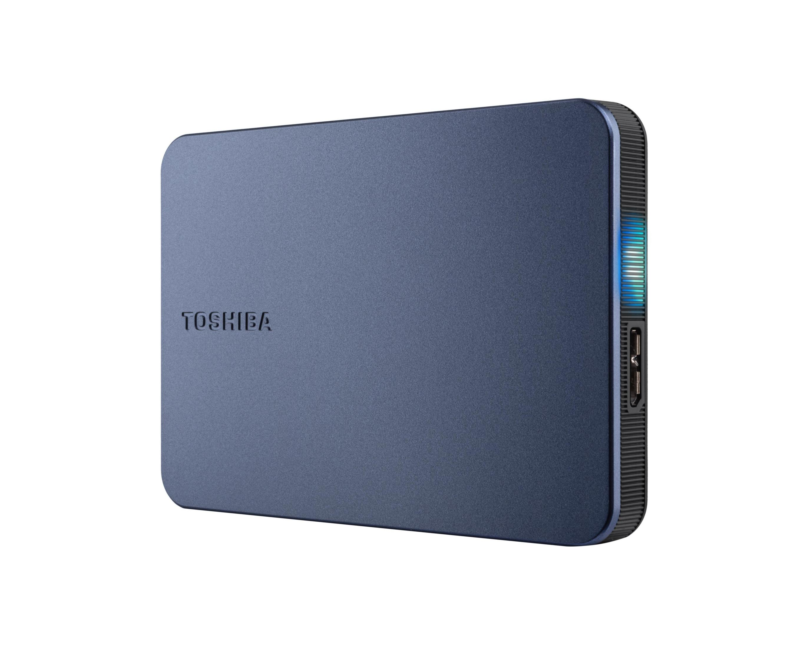 Disque dur externe Toshiba bleu avec port USB et lumière LED bleue.