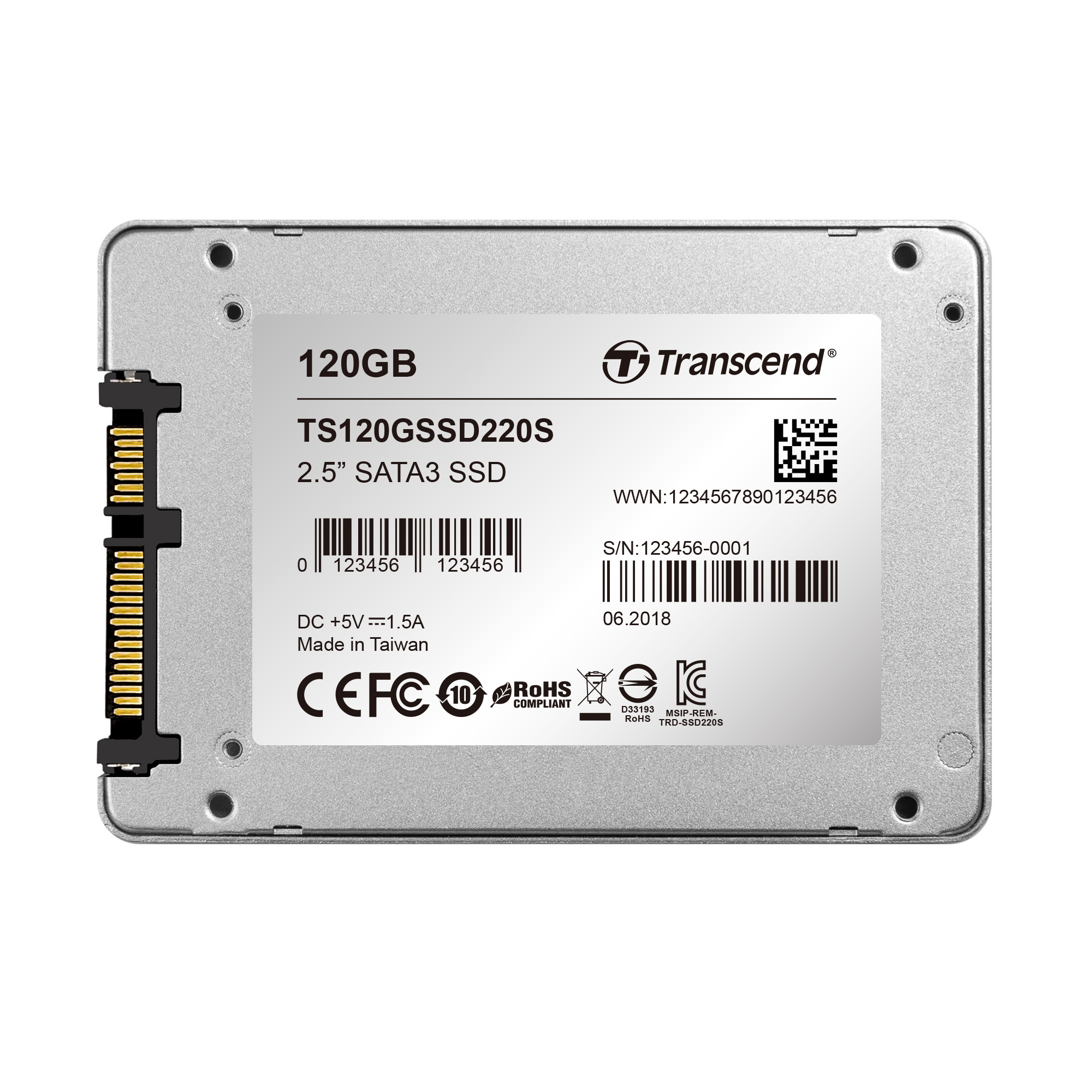 Dysk SSD Transcend 120 GB z konektorem SATA3 i numerem seryjnym.