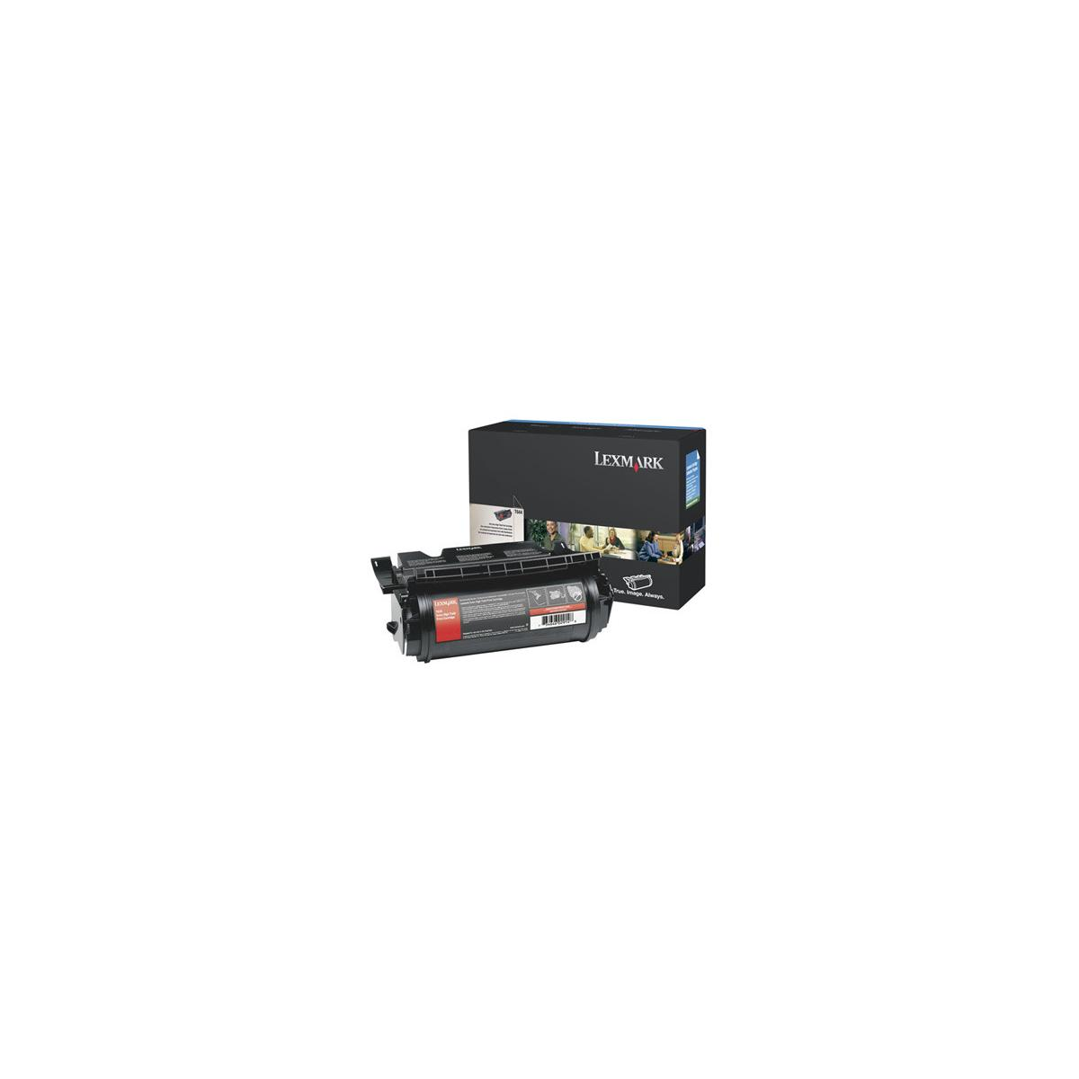 Cartuccia toner Lexmark e scatola con grafiche di persone al lavoro.