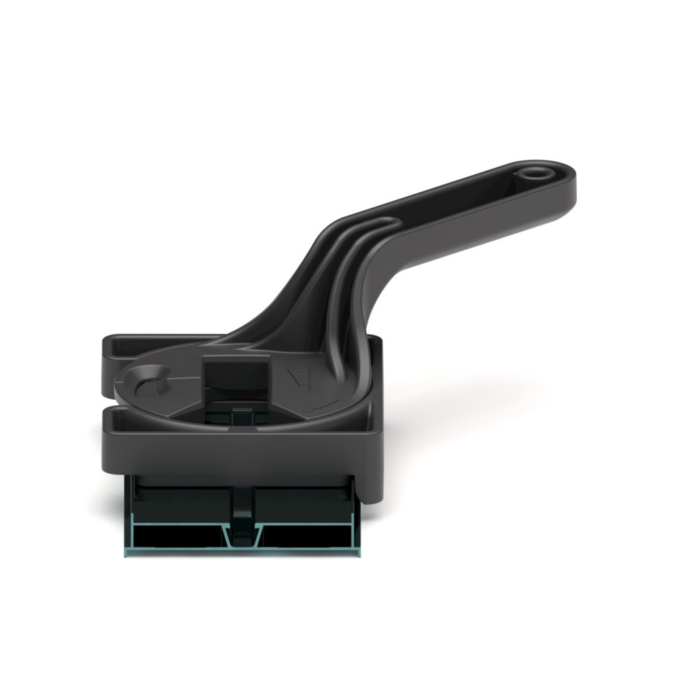 Una pinza nera in plastica con leva è mostrata su sfondo bianco. La pinza ha una base rettangolare e una maniglia curva.
