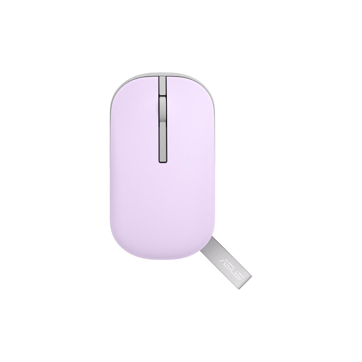 Un mouse per computer viola chiaro con rotellina argentata e cinturino grigio logo Asus.