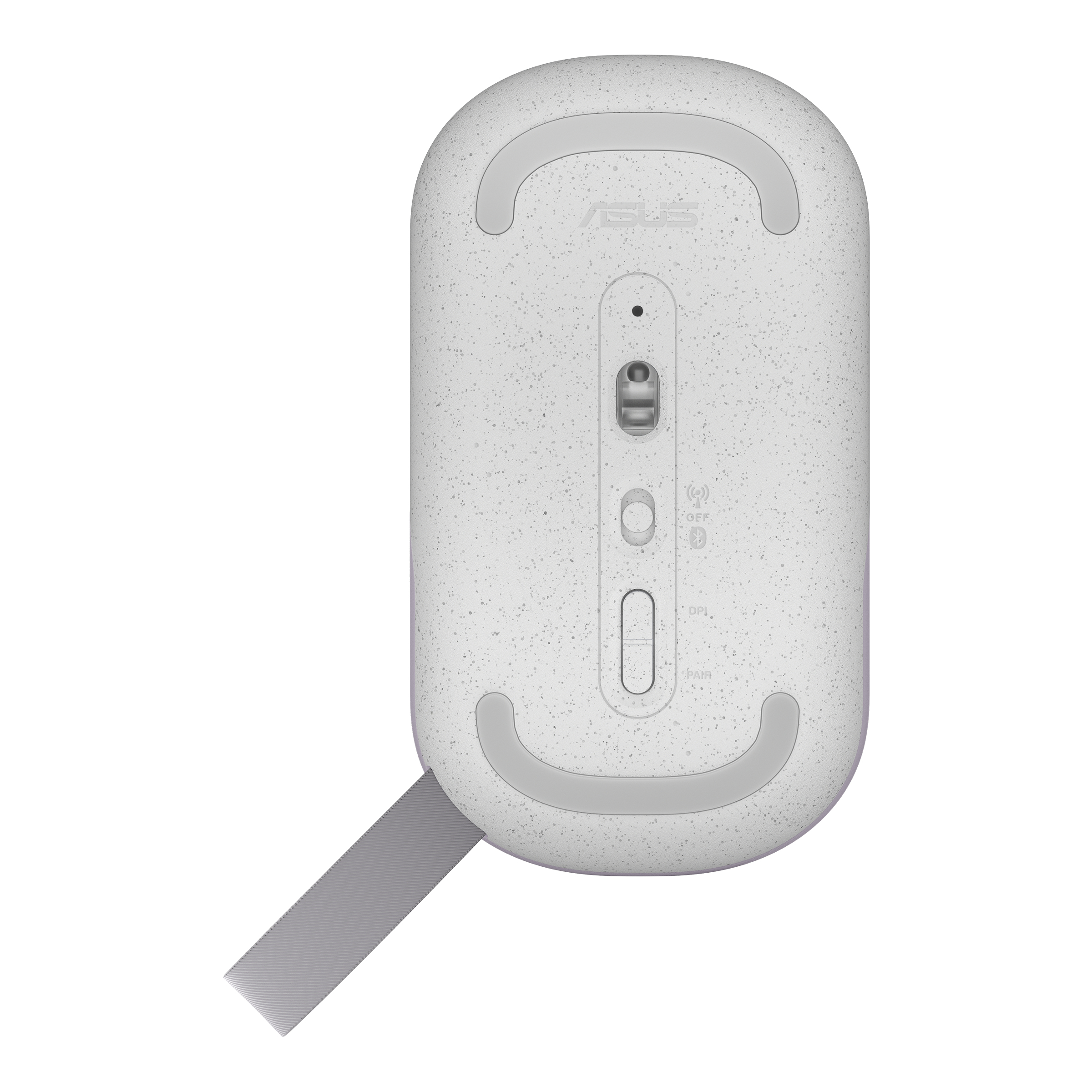 Mouse bianco maculato con rotella di clic, rotella di scorrimento, interruttori e cinturino.