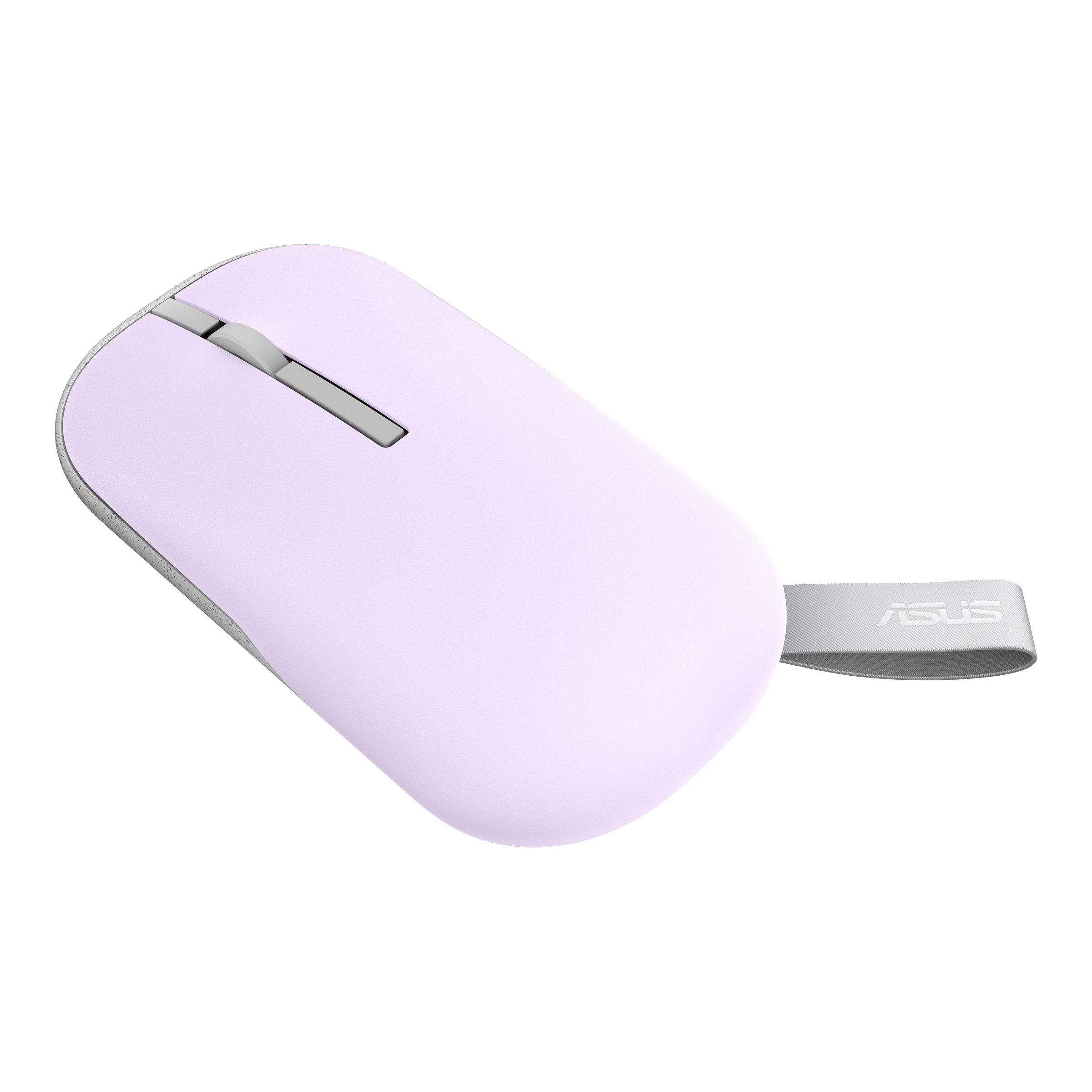 Un mouse ASUS lavanda con rotellina argentata e logo ASUS.
