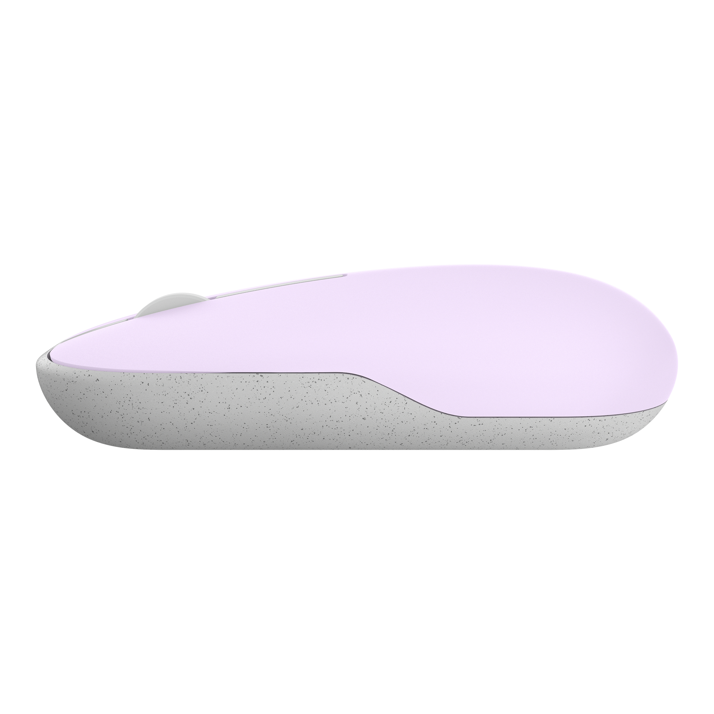 Un mouse per computer viola chiaro con base grigia screziata è mostrato di lato.