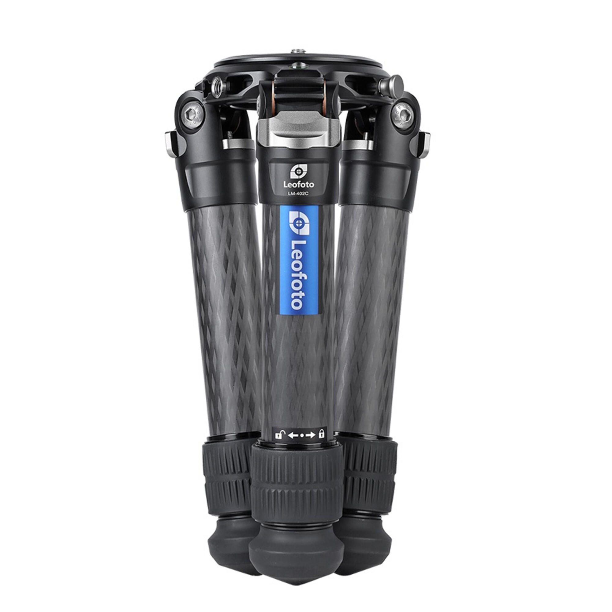Ein schwarzes Leofoto Carbonfaser-Stativ mit drei Beinen, weißer Hintergrund.
