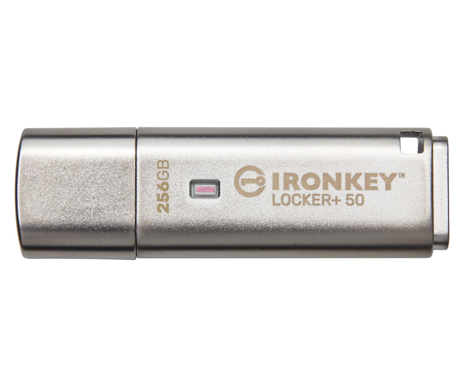 Ein silberner IronKey Locker+ 50 USB-Stick, 256 GB, mit einer kleinen rechteckigen Anzeigeleuchte, auf weißem Hintergrund.