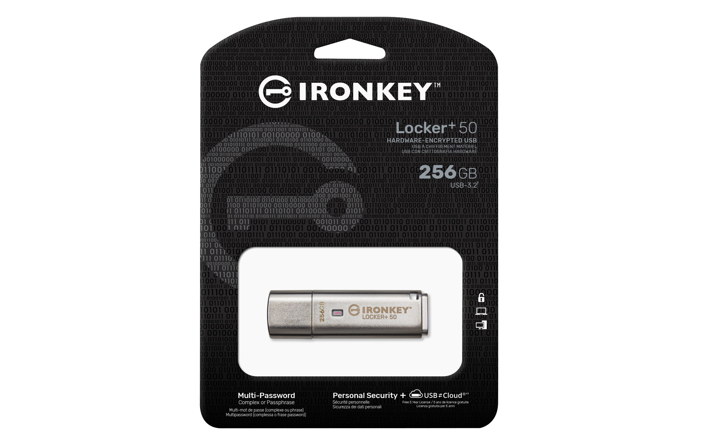 IronKey Locker+ 50 USB-Stick mit 256 GB Speicherkapazität auf einer Binär-Hintergrundverpackung.