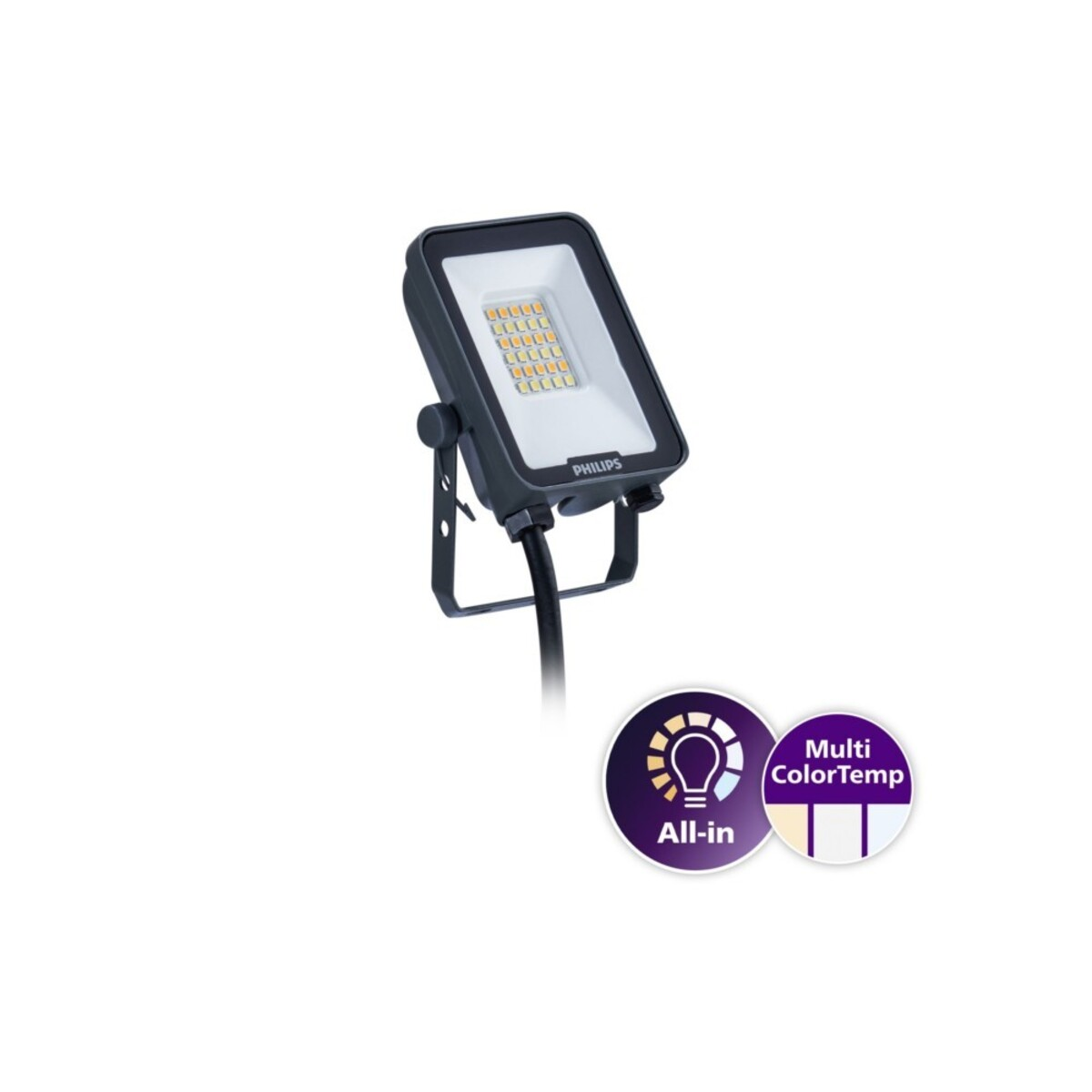 Un faretto Philips nero con numerosi LED e due icone circolari: 
