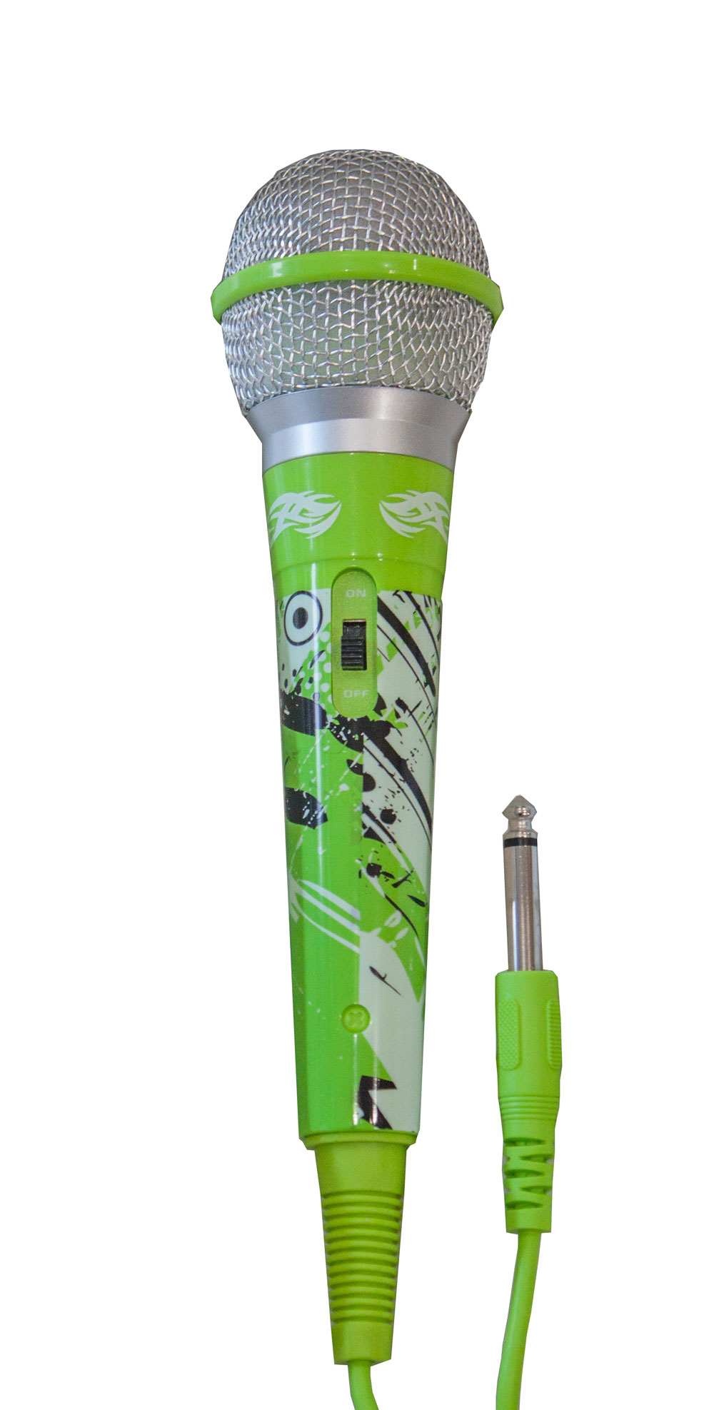 Un microfono verde con testa in rete argentata e design a schizzi bianco e nero.