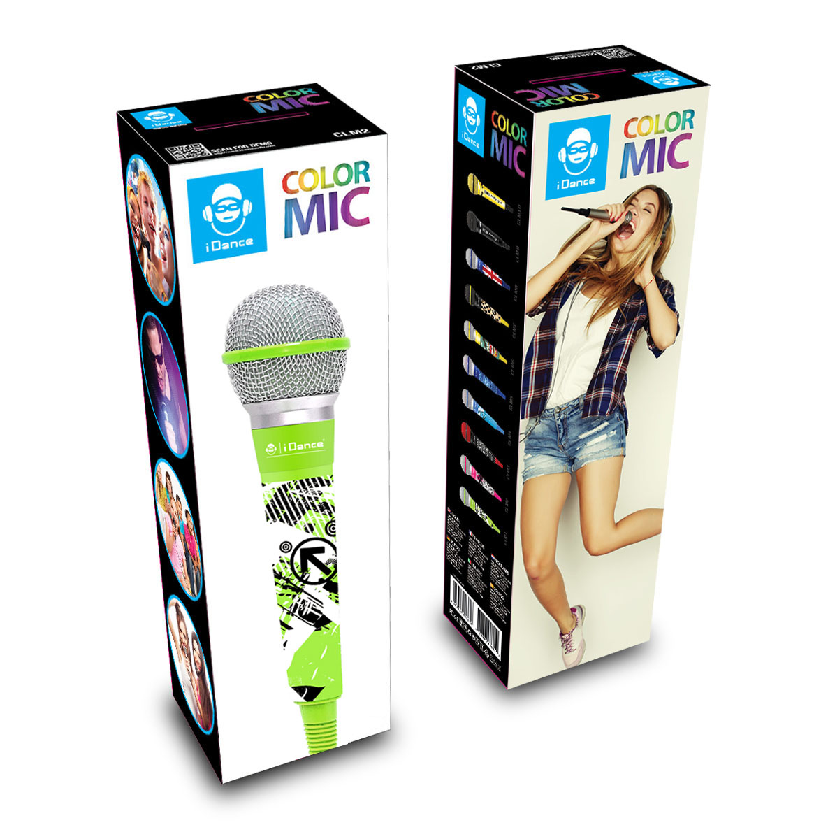 Due scatole per iDance Color Mic. Una mostra un microfono verde, l'altra una ragazza che canta.